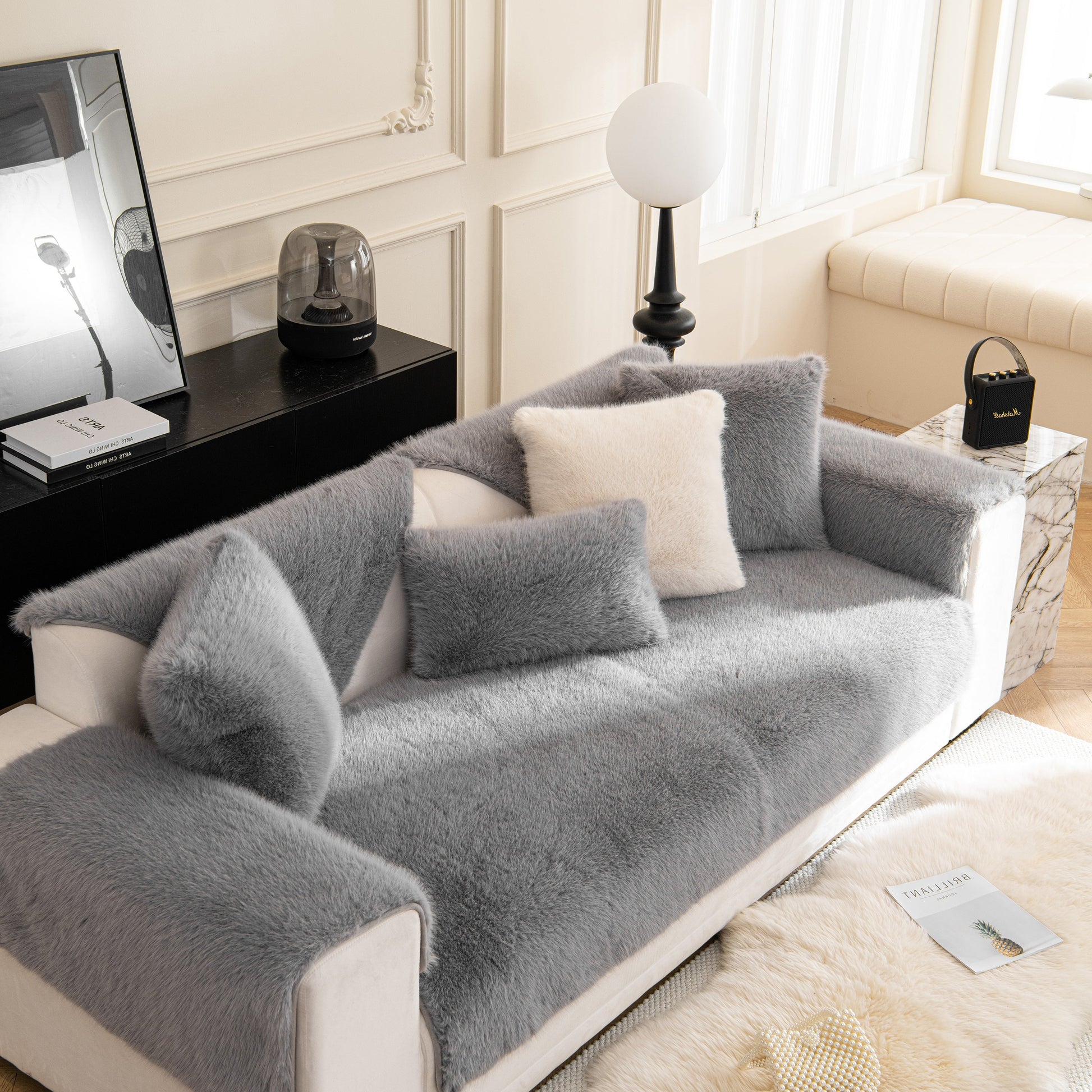 Faux Mink Velvet Luxury Fluffy Sofa Cushion, Winter Warm Thick Plush Non-slip Sofa Covers in a chic living room setting.