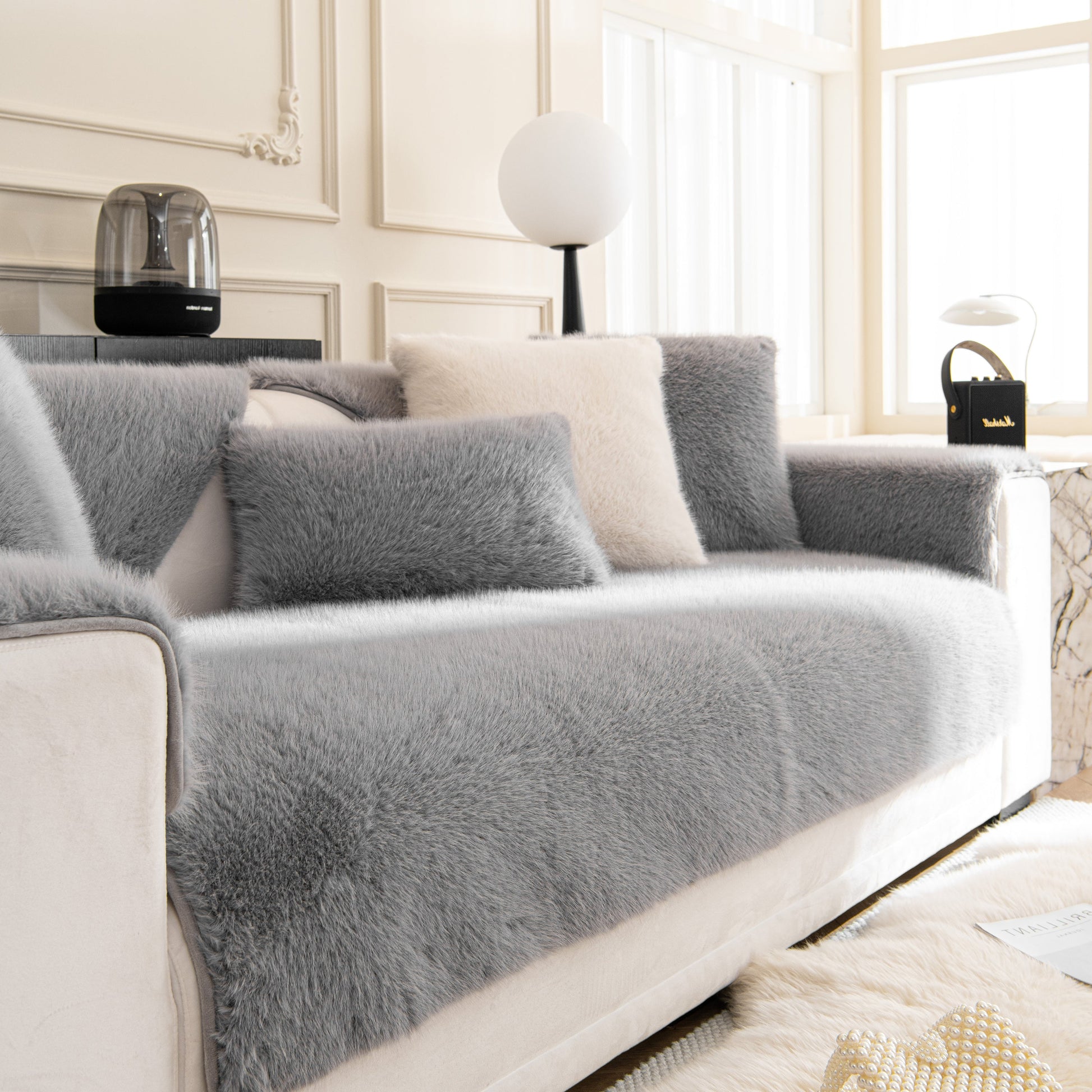 Faux Mink Velvet Luxury Fluffy Sofa Cushion, Winter Warm Thick Plush Non-slip Sofa Covers on a modern living room sofa.