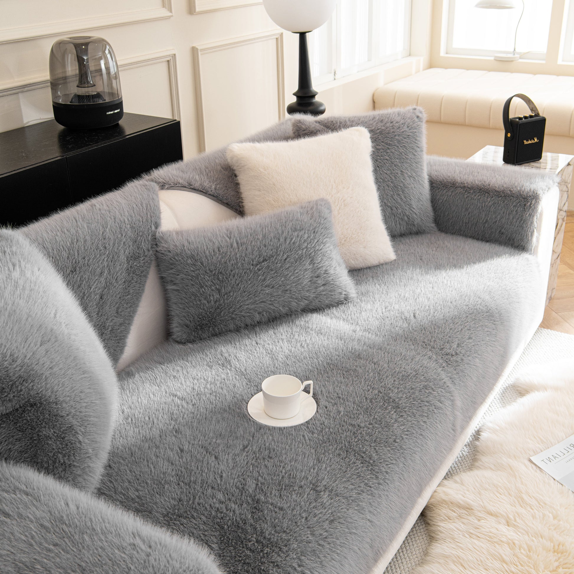 Faux Mink Velvet Luxury Fluffy Sofa Cushion, Winter Warm Thick Plush Non-slip Sofa Covers in stylish living room setting.