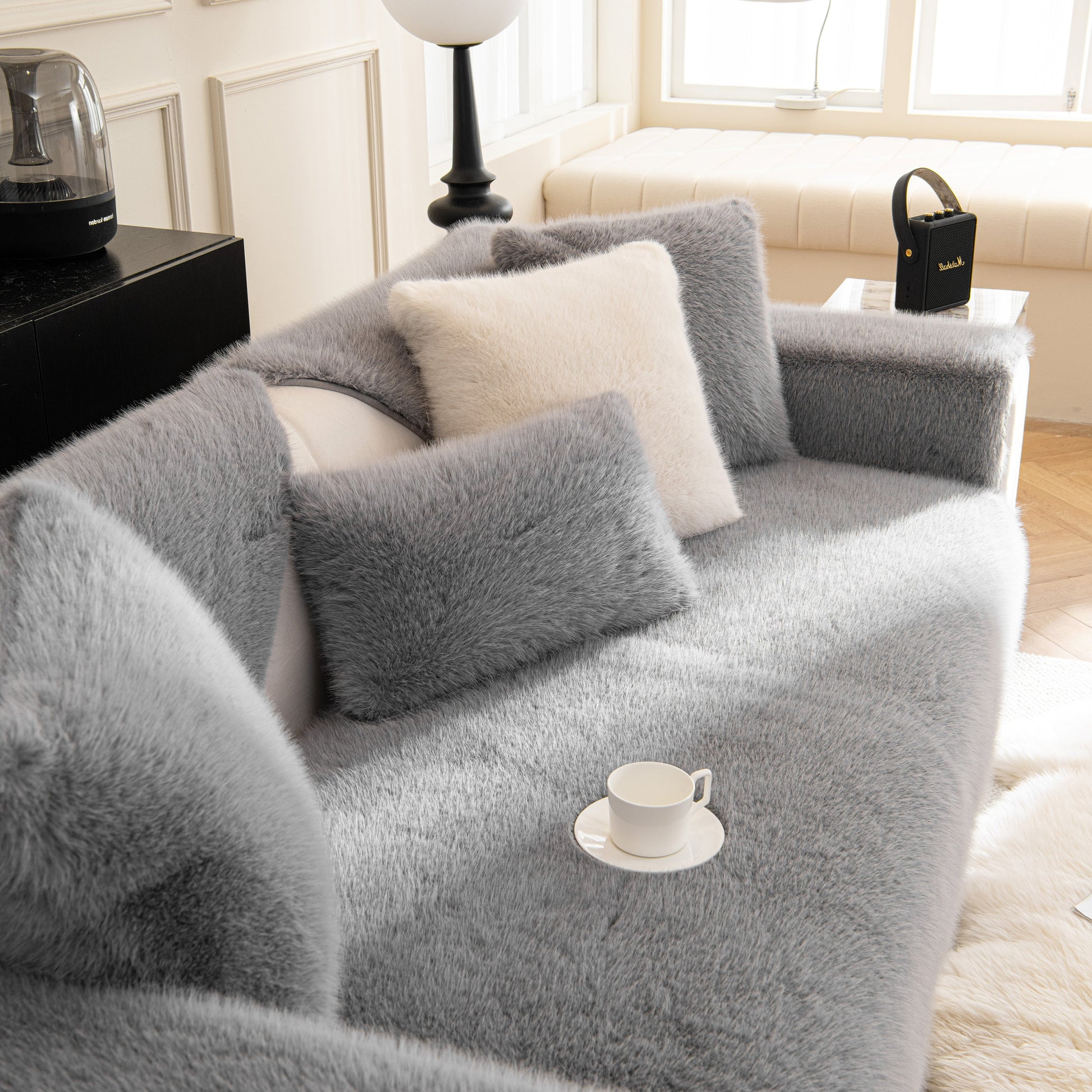 Faux Mink Velvet Luxury Fluffy Sofa Cushion, Winter Warm Thick Plush Non-slip Sofa Covers in stylish modern living room