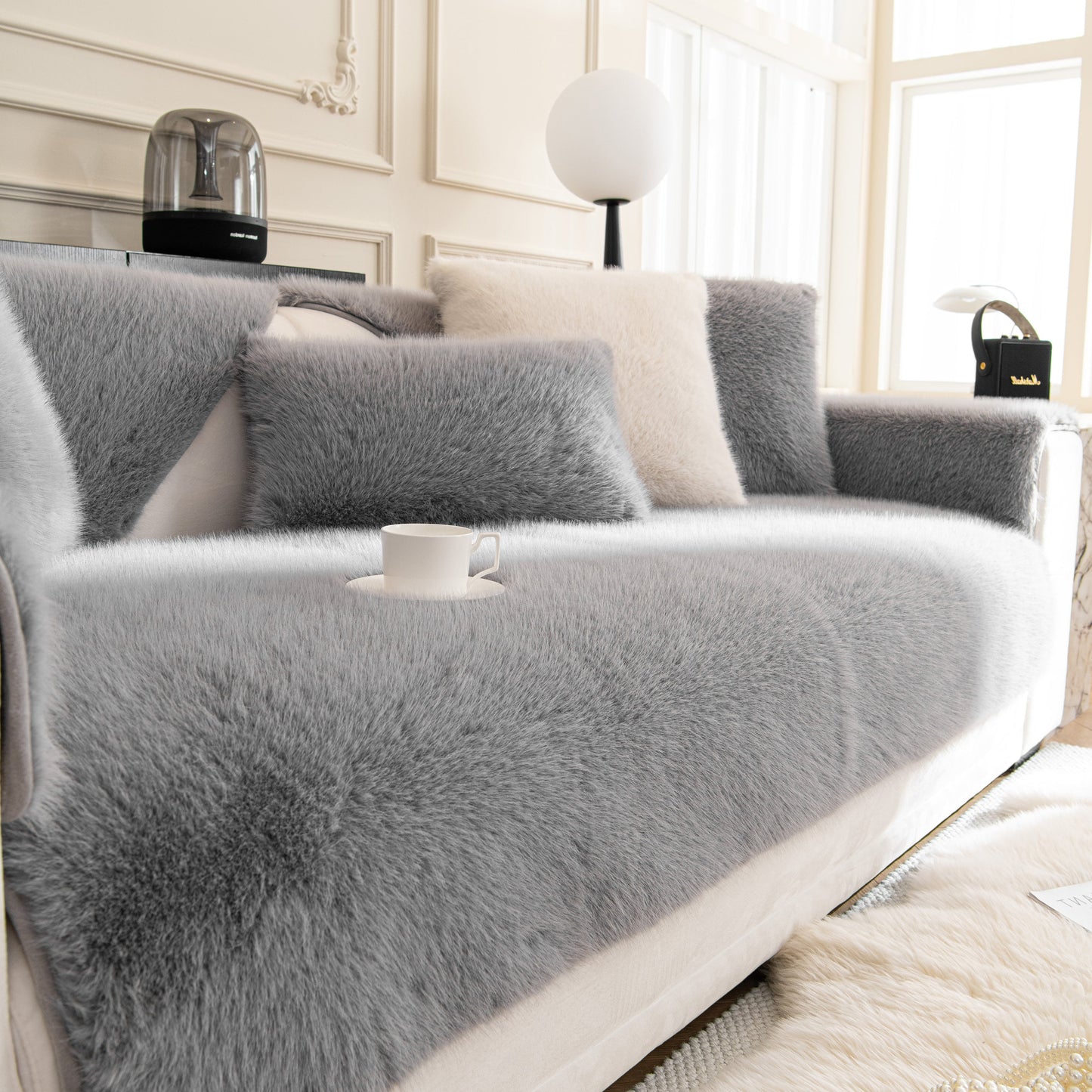Faux Mink Velvet Luxury Fluffy Sofa Cushion, Winter Warm Thick Plush Non-slip Sofa Covers in a cozy living room setting.