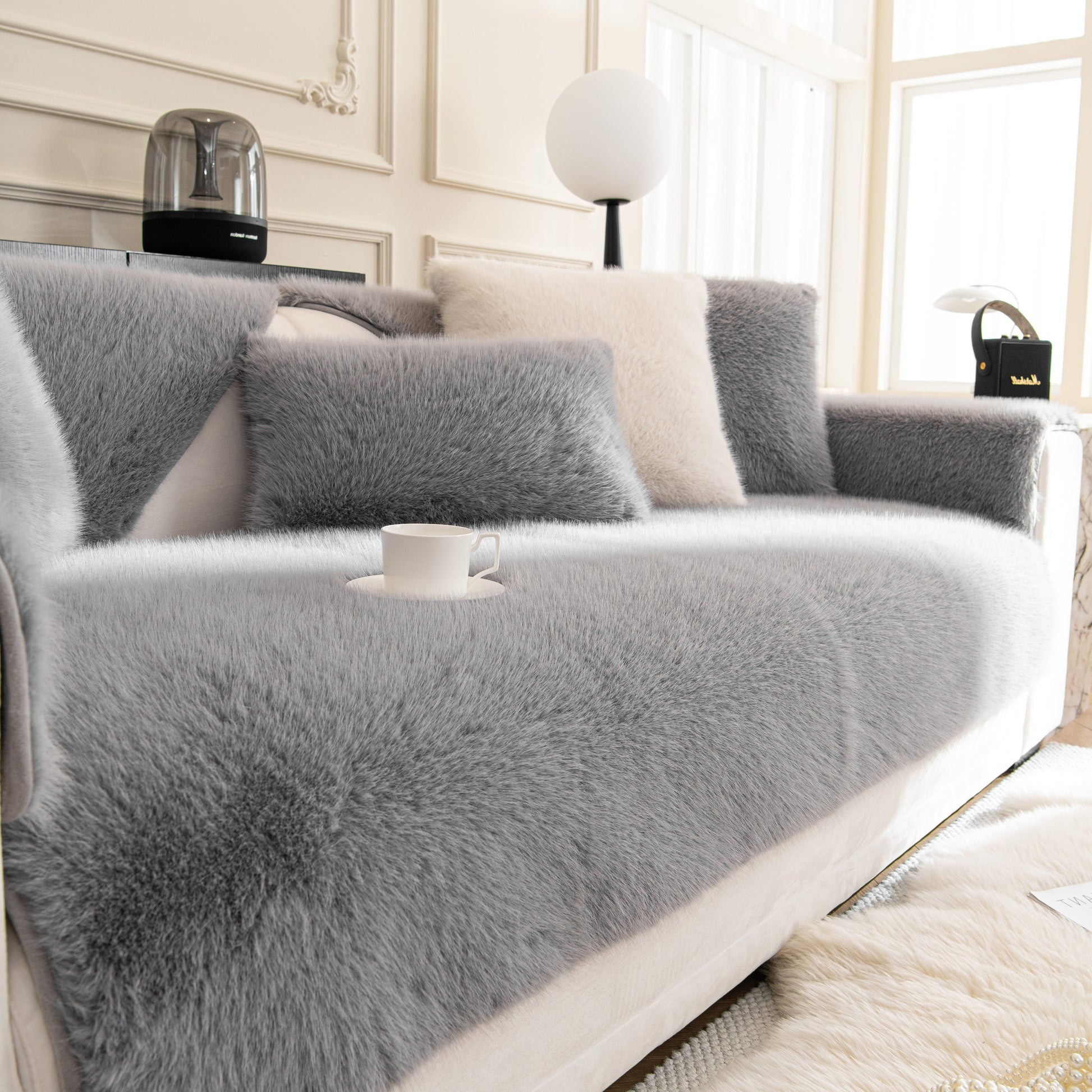 Faux Mink Velvet Luxury Fluffy Sofa Cushion, Winter Warm Thick Plush Non-slip Sofa Covers in a cozy living room setting.