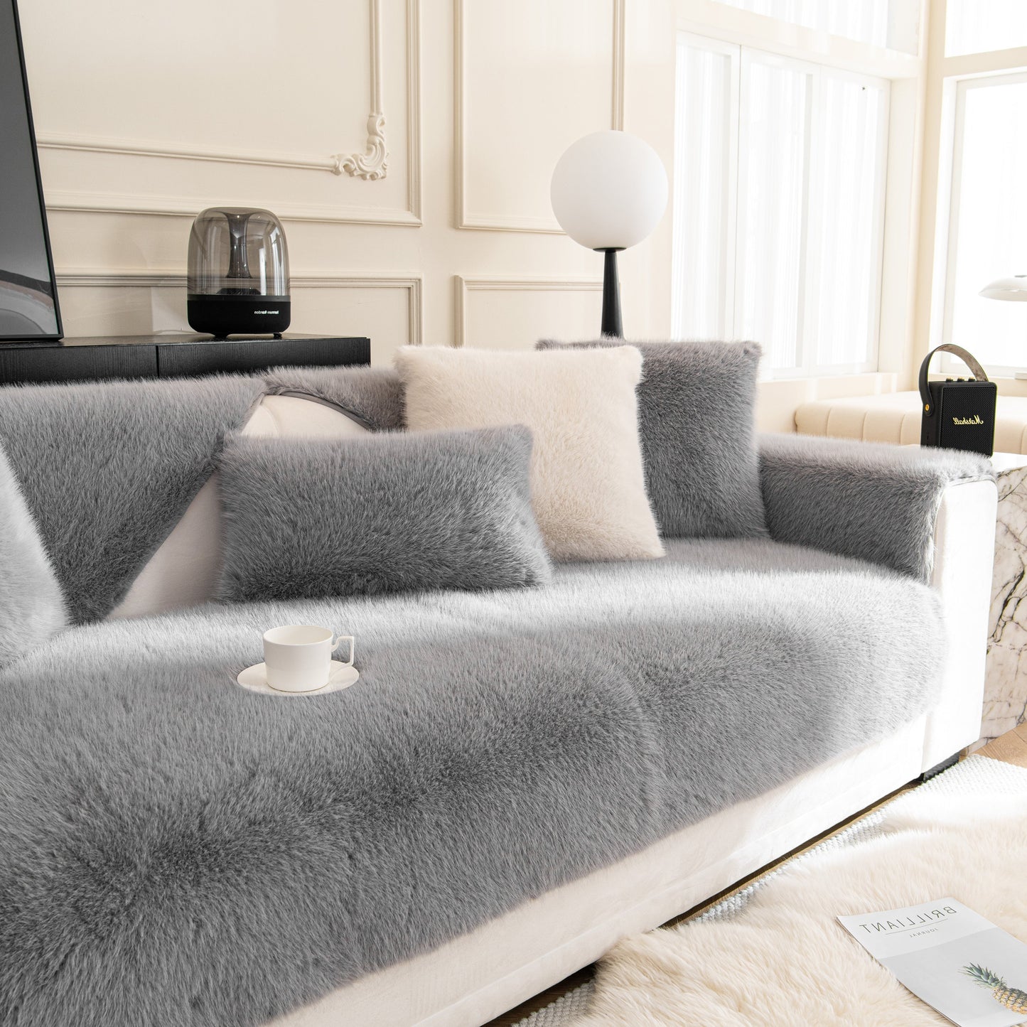 Faux Mink Velvet Luxury Fluffy Sofa Cushion with Winter Warm Thick Plush Non-slip Sofa Covers in a modern living room setting.