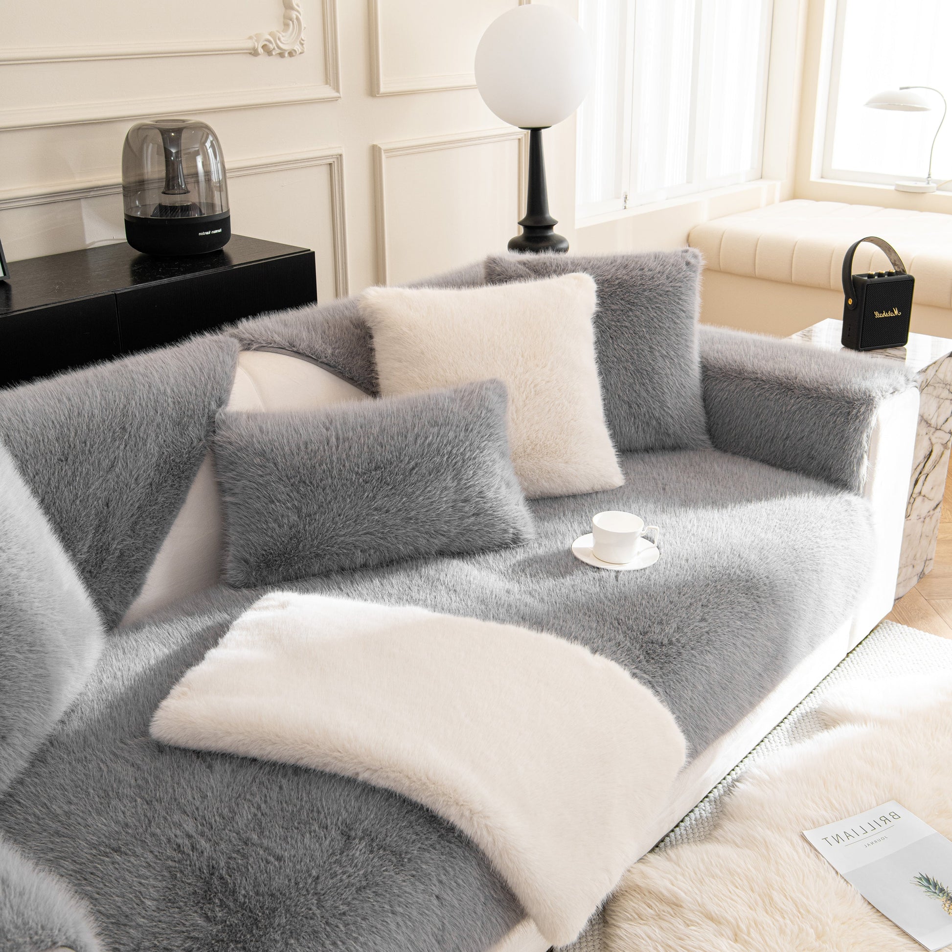 Faux Mink Velvet Luxury Fluffy Sofa Cushion, Winter Warm Thick Plush Non-slip Sofa Covers in stylish living room setting