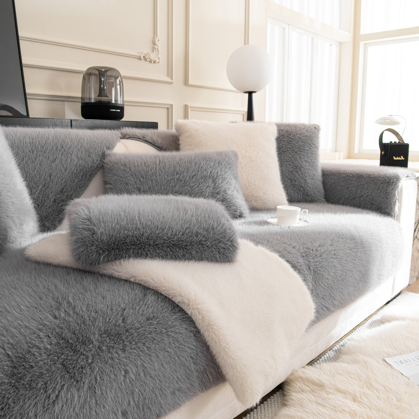 Faux Mink Velvet Luxury Fluffy Sofa Cushion, Winter Warm Thick Plush Non-slip Sofa Covers in cozy living room setting
