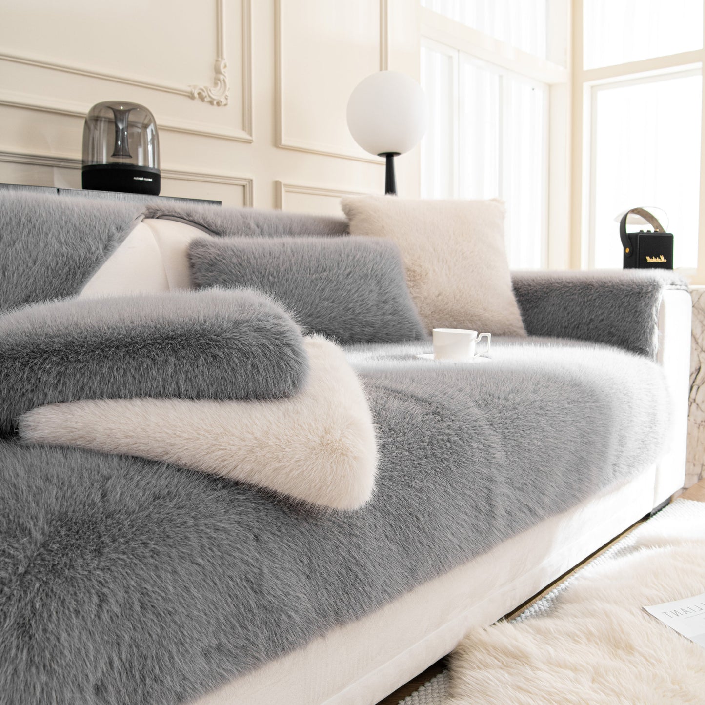 Faux Mink Velvet Luxury Fluffy Sofa Cushion, Winter Warm Thick Plush Non-slip Sofa Covers on a stylish sofa in modern living room.