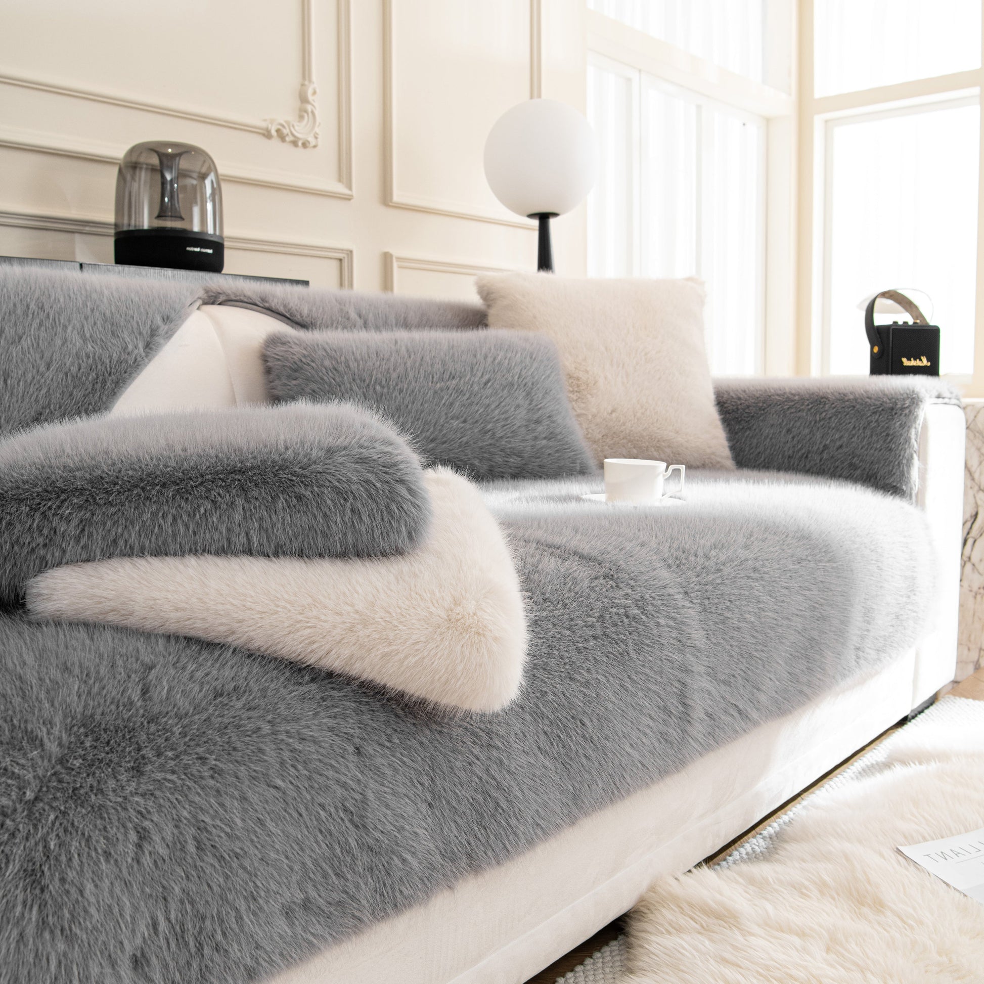 Faux Mink Velvet Luxury Fluffy Sofa Cushion, Winter Warm Thick Plush Non-slip Sofa Covers on a stylish sofa in modern living room.