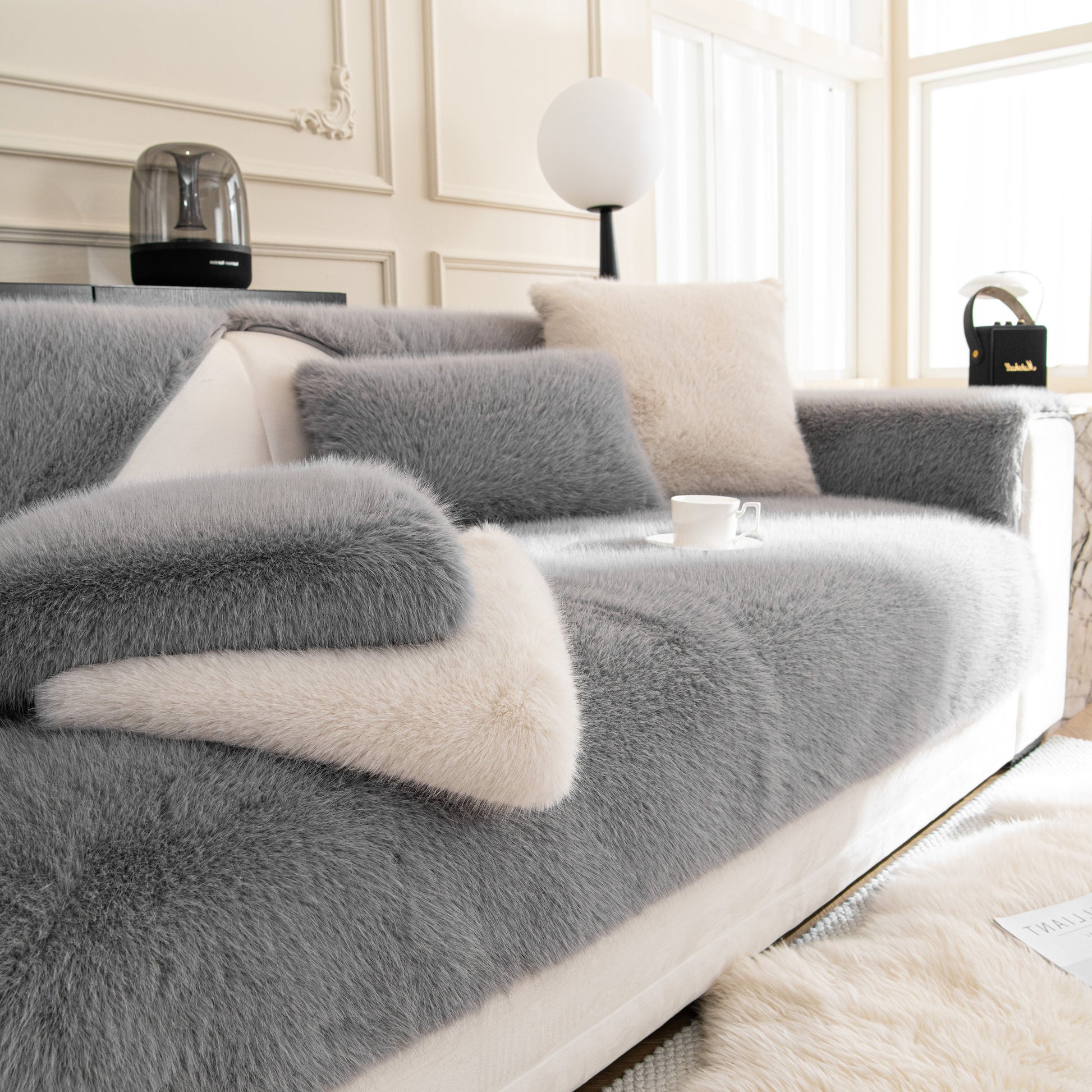 Faux Mink Velvet Luxury Fluffy Sofa Cushion, Winter Warm Thick Plush Non-slip Sofa Covers on a stylish modern couch.
