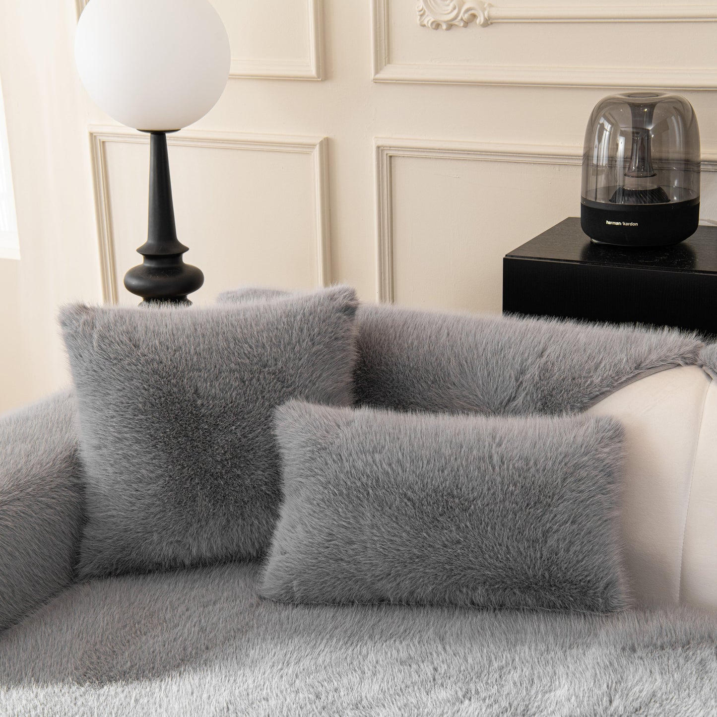 Gray Faux Mink Velvet Luxury Fluffy Sofa Cushion, Winter Warm Thick Plush Non-slip Sofa Covers on stylish living room sofa.