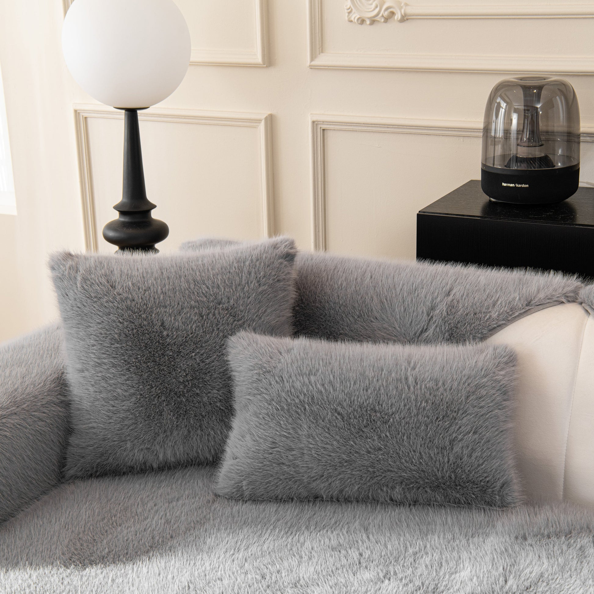 Gray Faux Mink Velvet Luxury Fluffy Sofa Cushion, Winter Warm Thick Plush Non-slip Sofa Covers on stylish living room sofa.