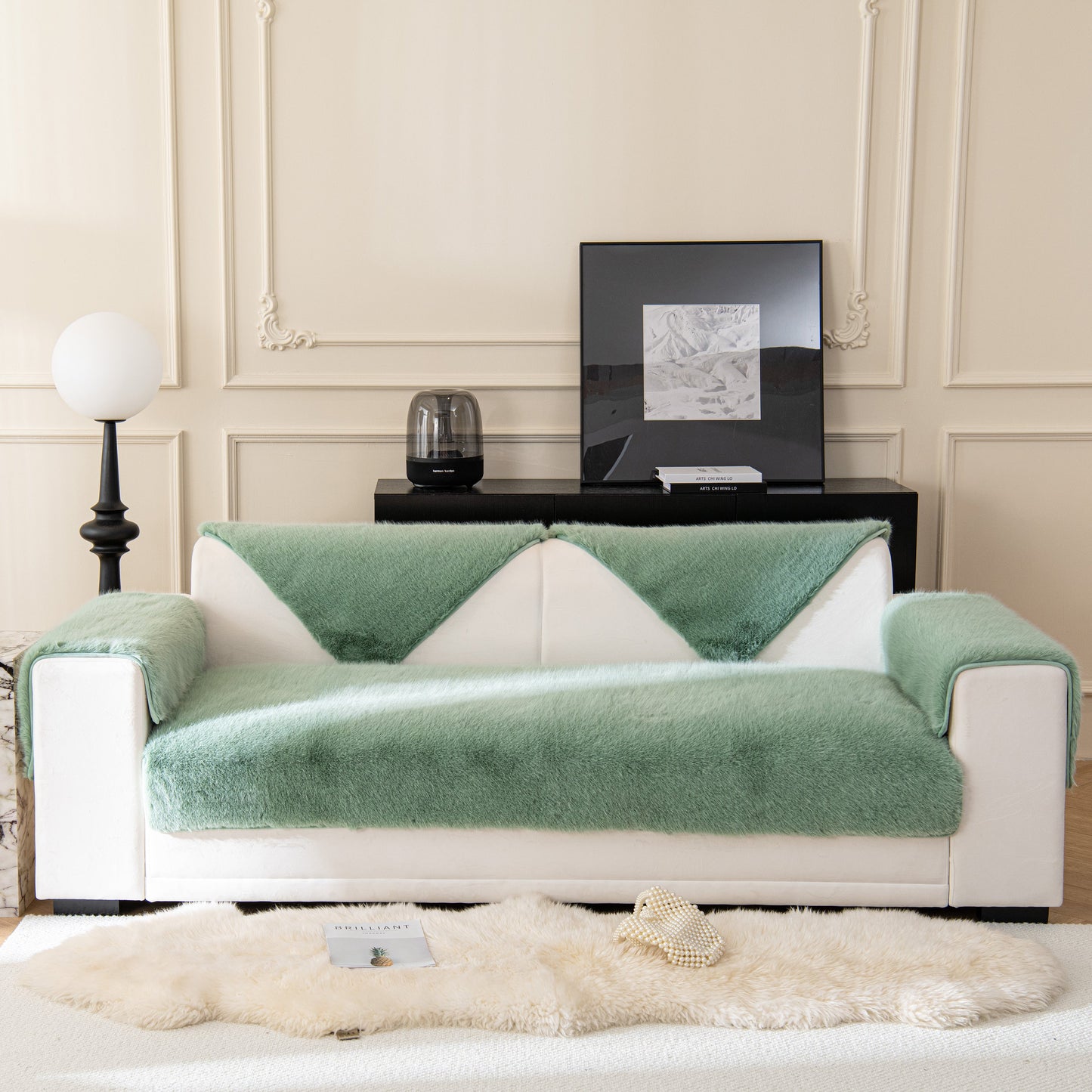 Faux Mink Velvet Luxury Fluffy Sofa Cushion, Winter Warm Thick Plush Non-slip Sofa Covers on white sofa