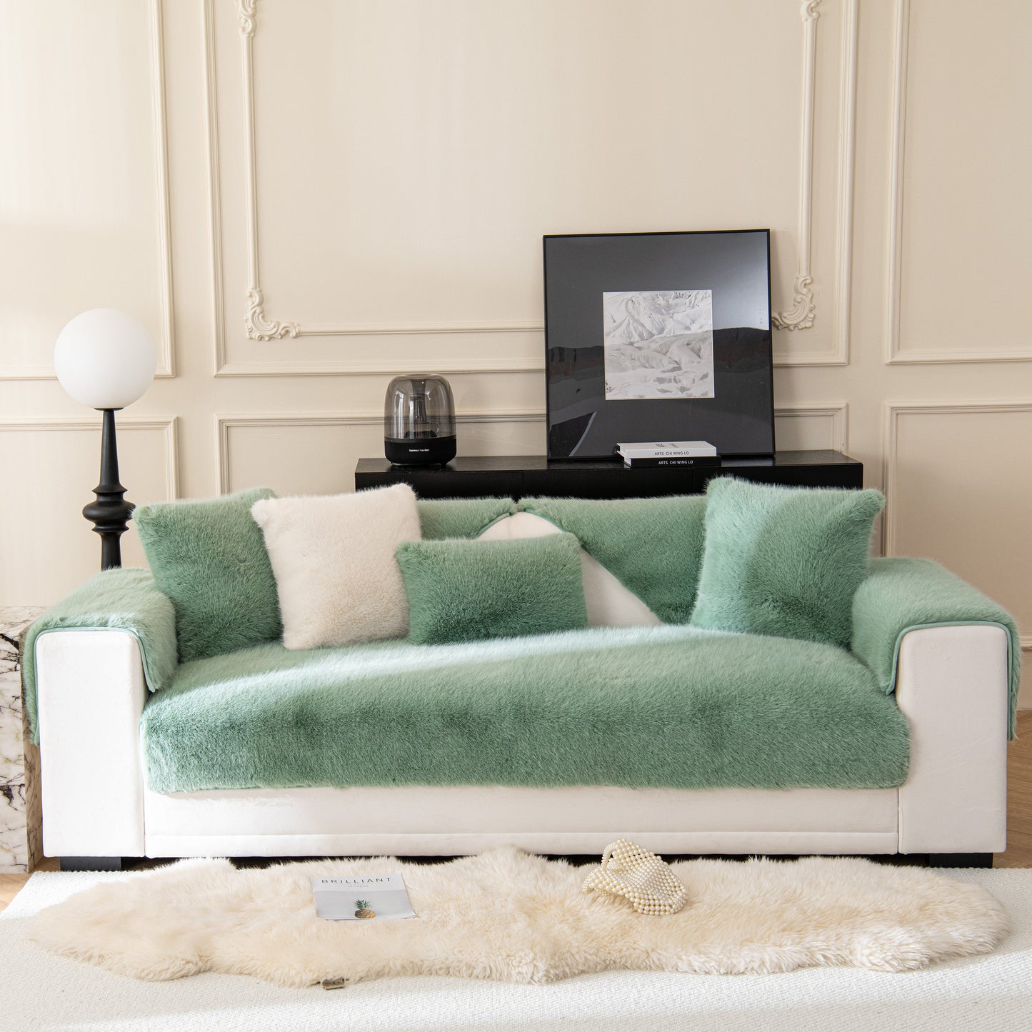 Elegant sofa with Faux Mink Velvet Luxury Fluffy Sofa Cushion, Winter Warm Thick Plush Non-slip Sofa Covers in a modern living room.