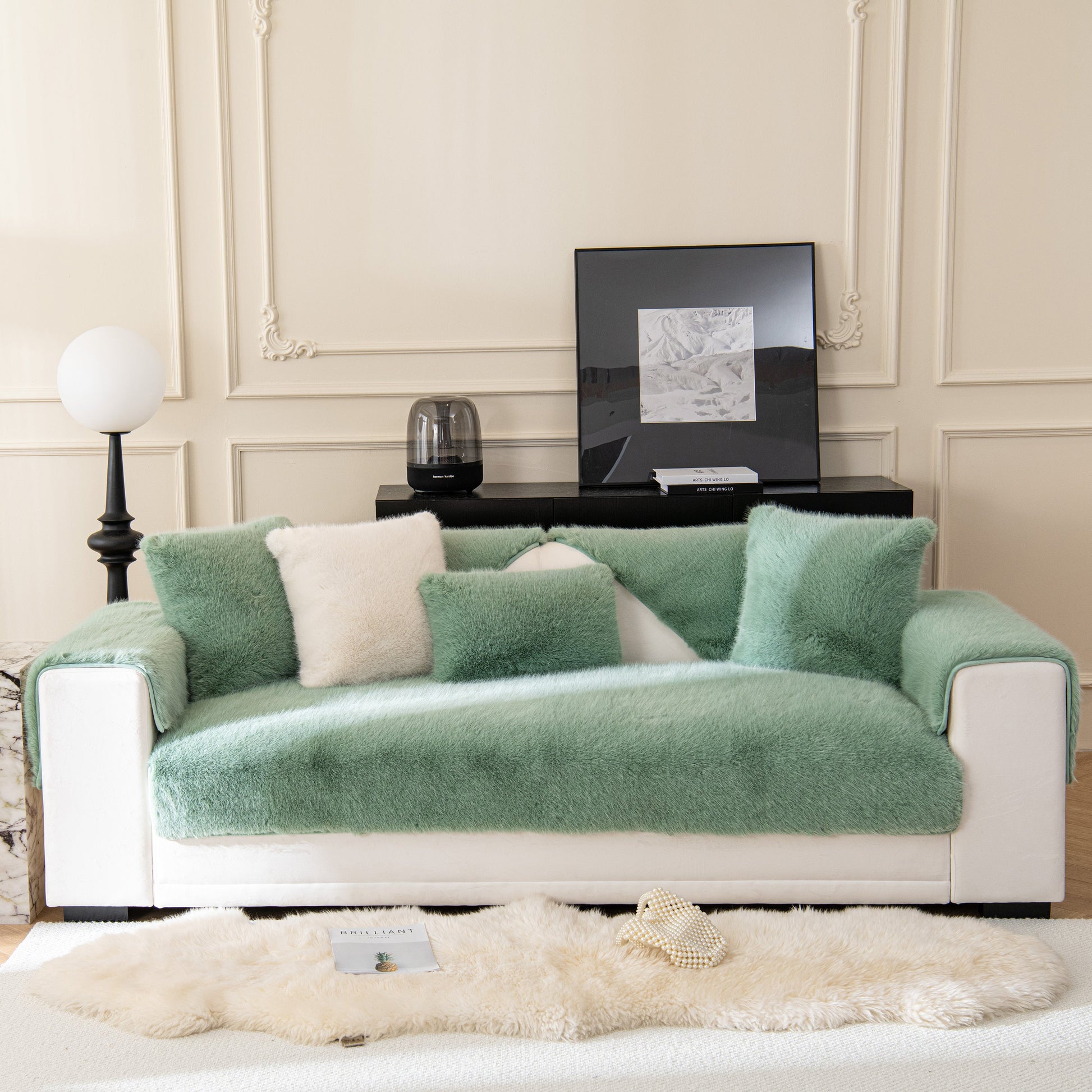Elegant sofa with Faux Mink Velvet Luxury Fluffy Sofa Cushion, Winter Warm Thick Plush Non-slip Sofa Covers in a modern living room.