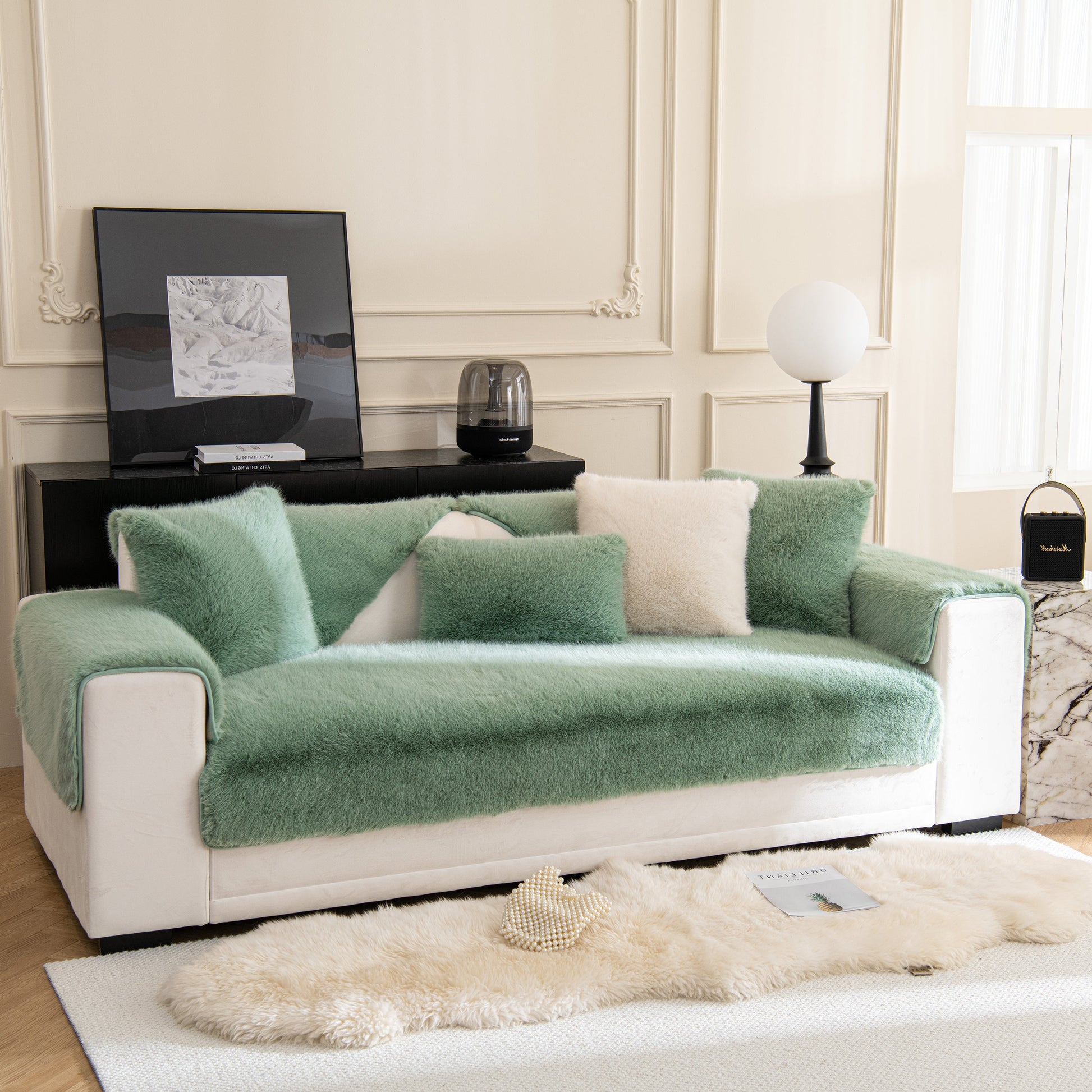 Faux Mink Velvet Luxury Fluffy Sofa Cushion, Winter Warm Thick Plush Non-slip Sofa Covers on a modern sofa.