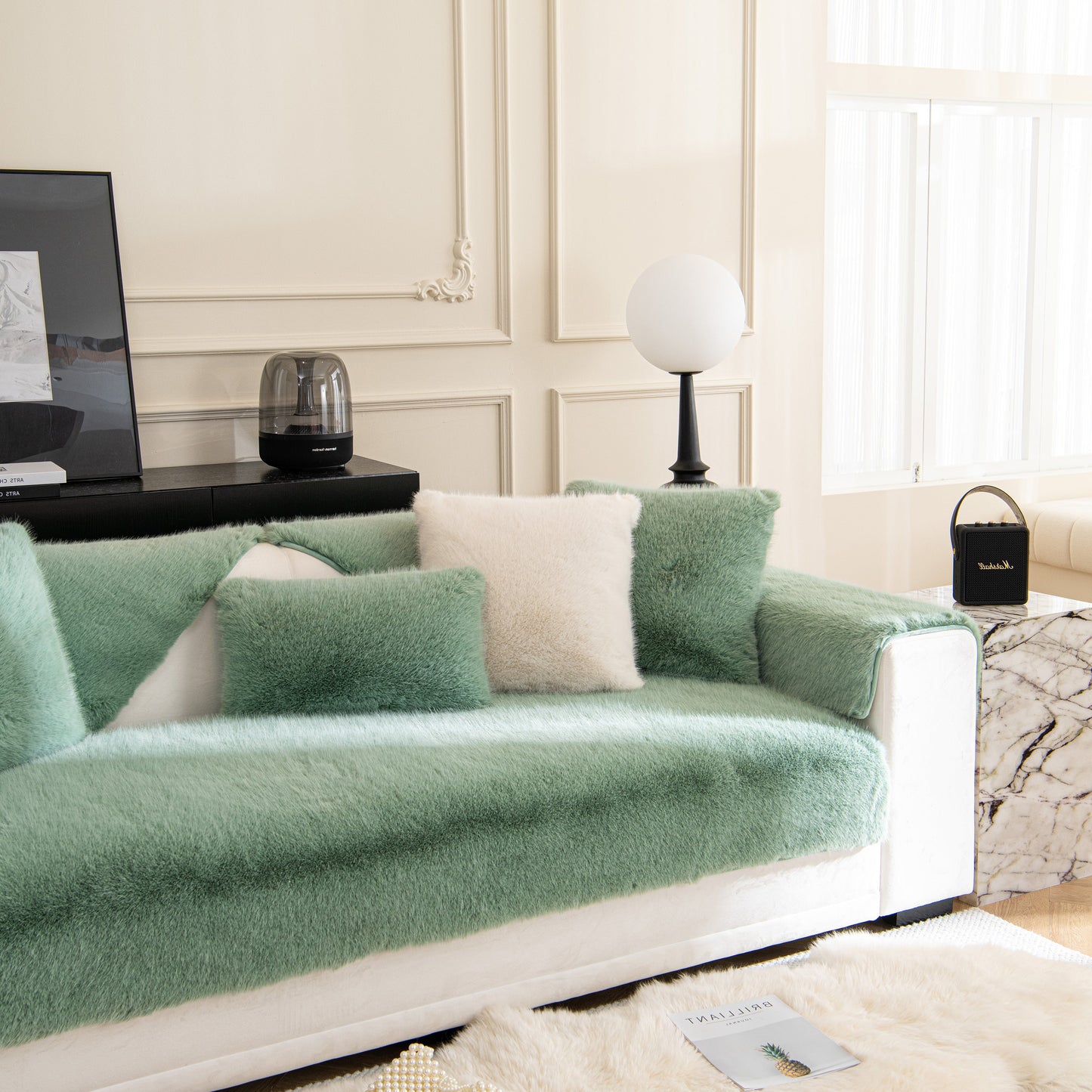 Stylish living room with Faux Mink Velvet Luxury Fluffy Sofa Cushion, Winter Warm Thick Plush Non-slip Sofa Covers in green.