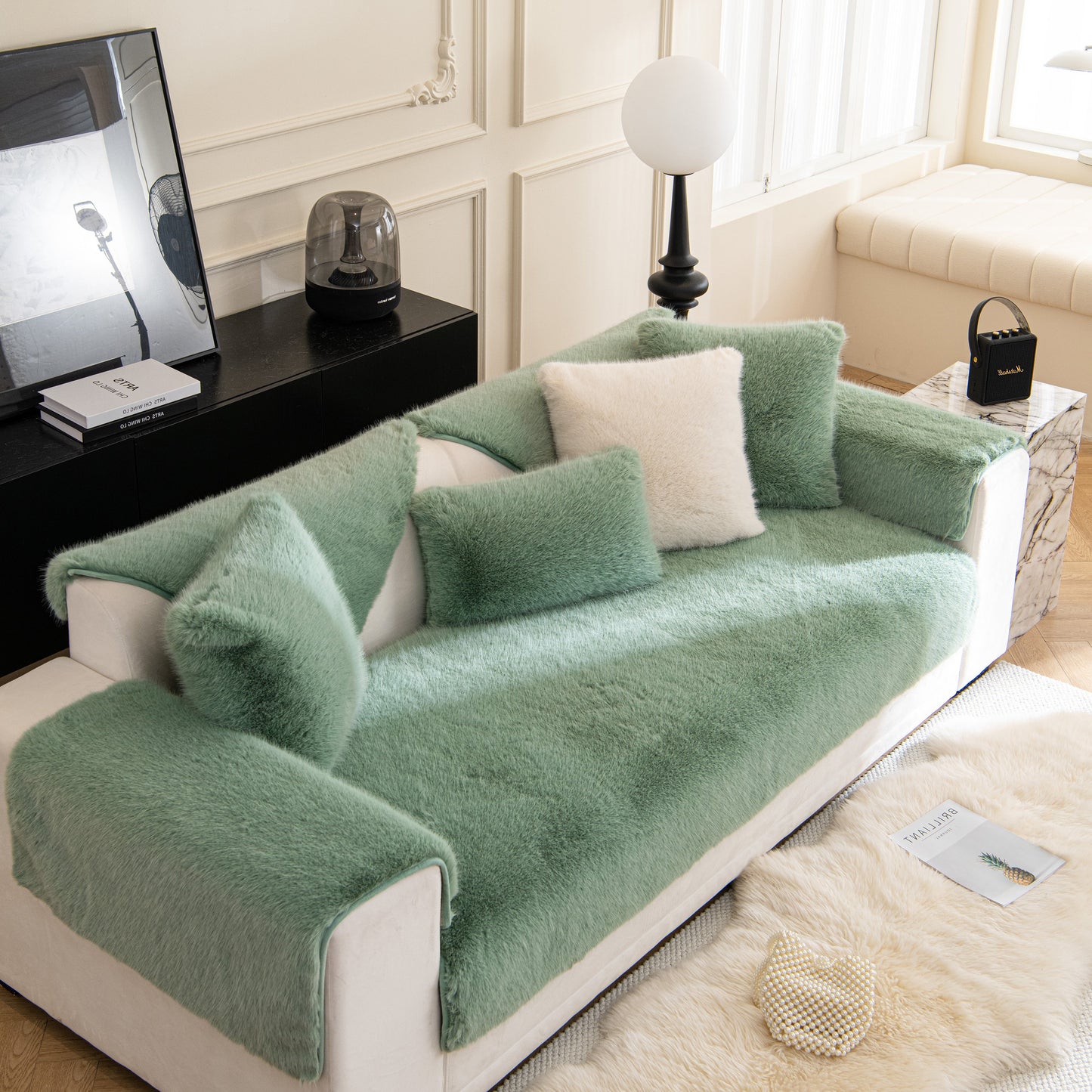 Faux Mink Velvet Luxury Fluffy Sofa Cushion, Winter Warm Thick Plush Non-slip Sofa Covers on white couch