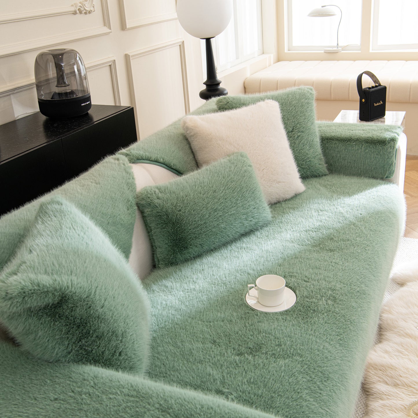 Faux Mink Velvet Luxury Fluffy Sofa Cushion, Winter Warm Thick Plush Non-slip Sofa Covers in a stylish room setting