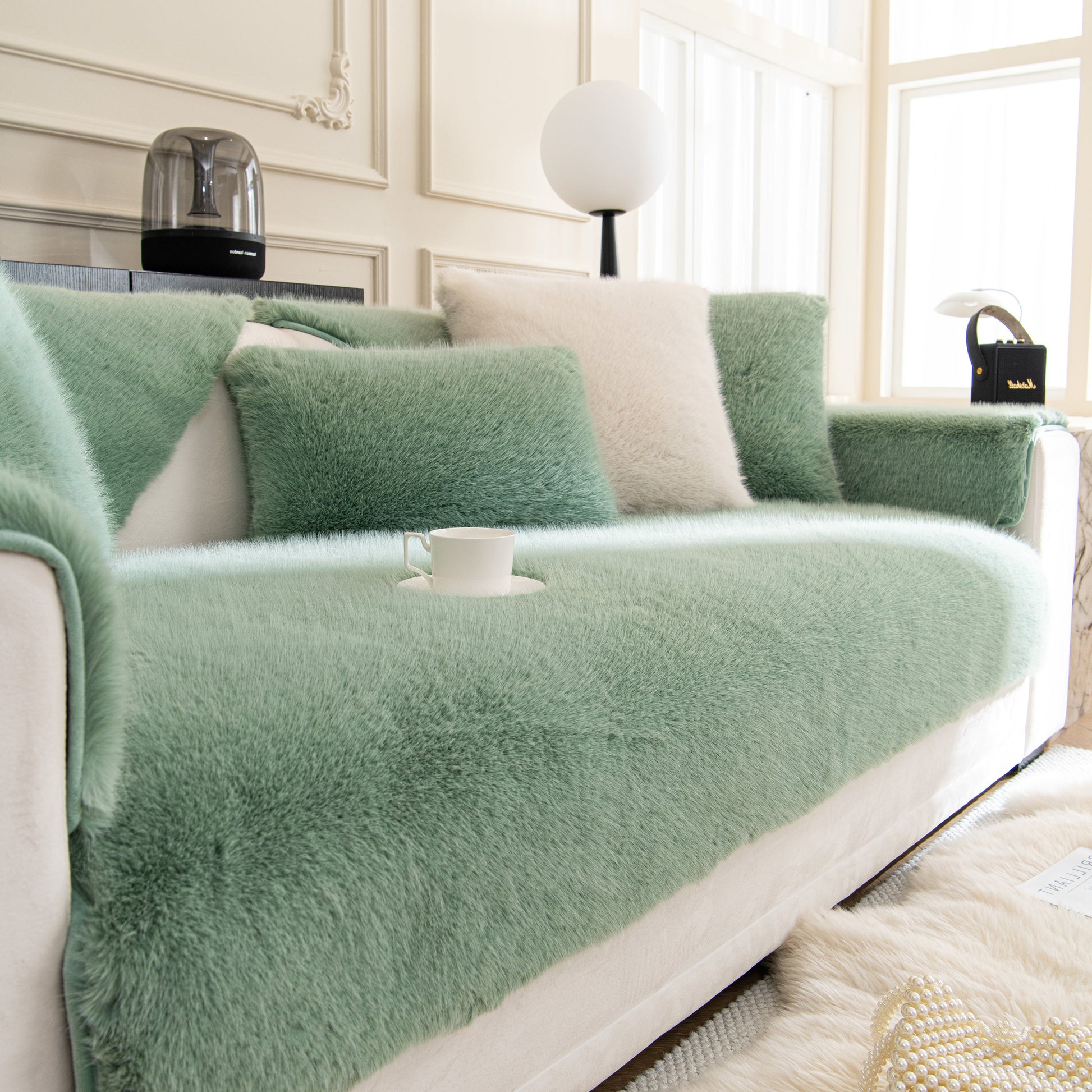 Faux Mink Velvet Luxury Fluffy Sofa Cushion, Winter Warm Thick Plush Non-slip Sofa Covers in a cozy living room setting.