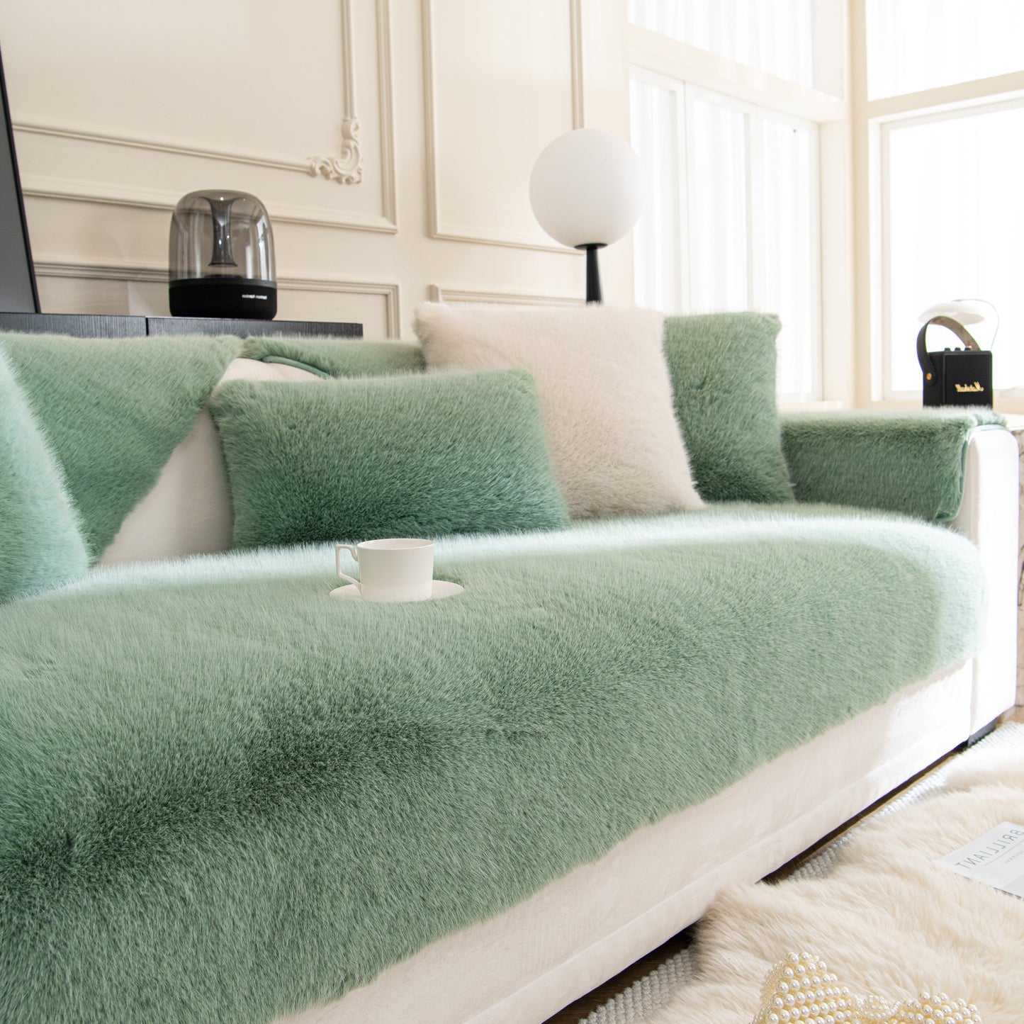 Faux Mink Velvet Luxury Fluffy Sofa Cushion, Winter Warm Thick Plush Non-slip Sofa Covers on a modern couch in a bright room