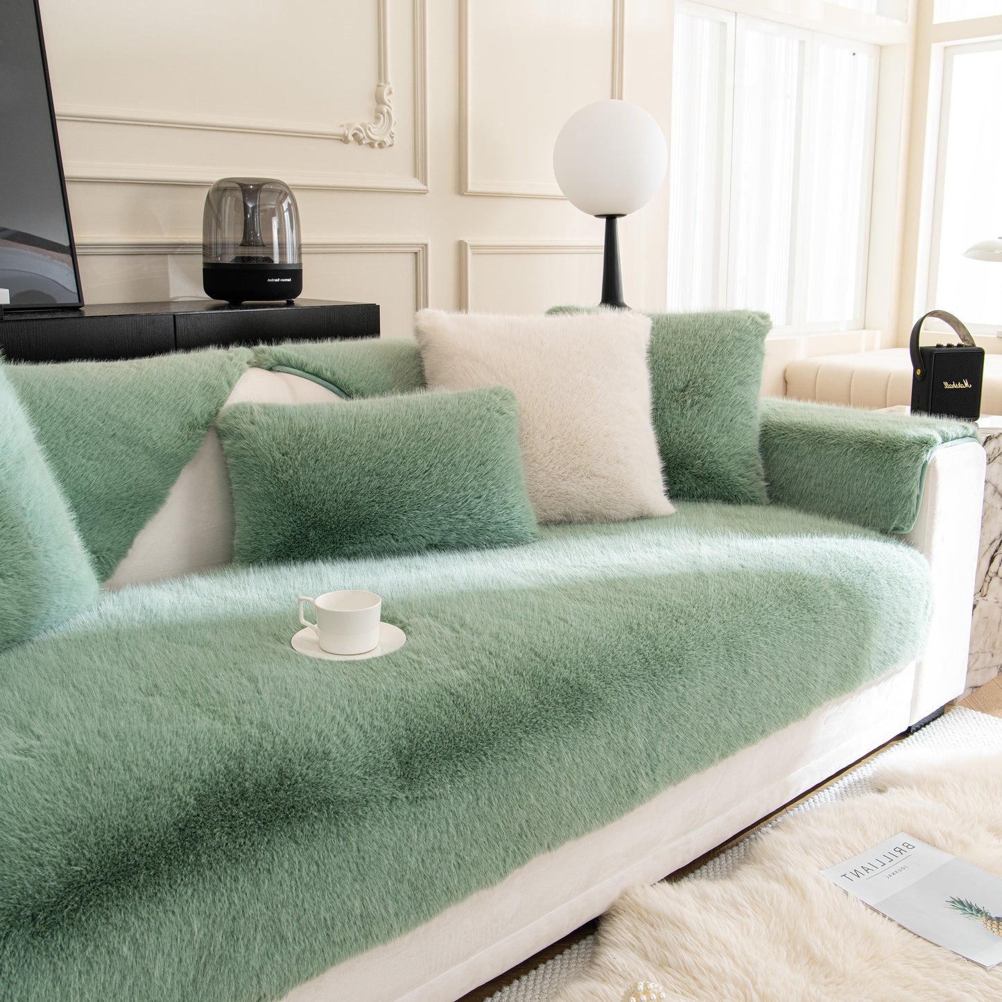 Faux Mink Velvet Luxury Fluffy Sofa Cushion, Winter Warm Thick Plush Non-slip Sofa Covers in mint green on a modern sofa