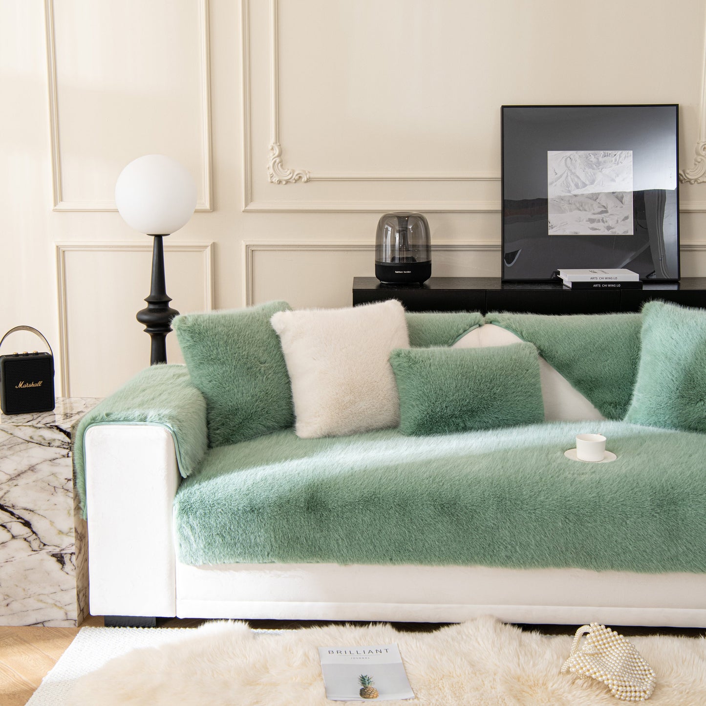 Faux Mink Velvet Luxury Fluffy Sofa Cushion, Winter Warm Thick Plush Non-slip Sofa Covers on white couch in elegant living room.