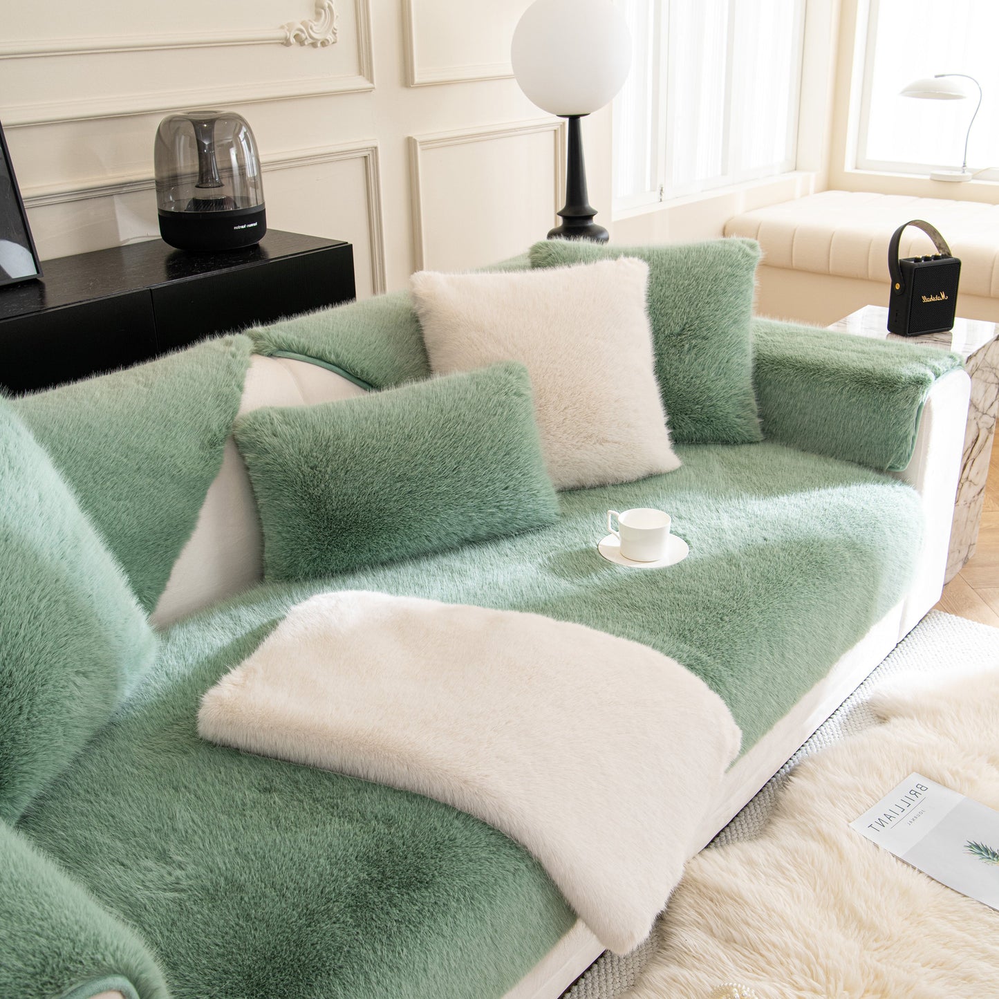 Faux Mink Velvet Luxury Fluffy Sofa Cushion, Winter Warm Thick Plush Non-slip Sofa Covers in stylish living room setting.