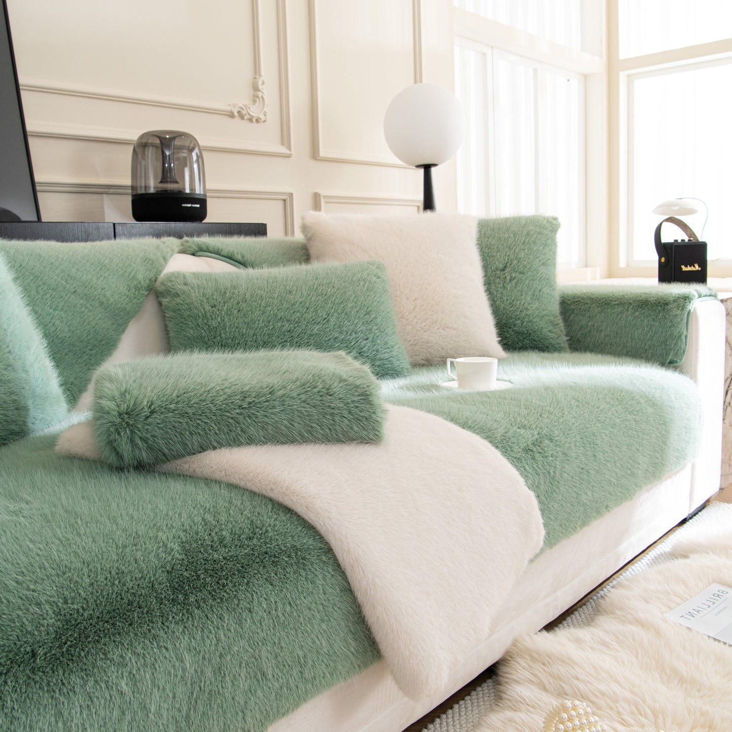 Faux Mink Velvet Luxury Fluffy Sofa Cushion, Winter Warm Thick Plush Non-slip Sofa Covers in a stylish living room setting.