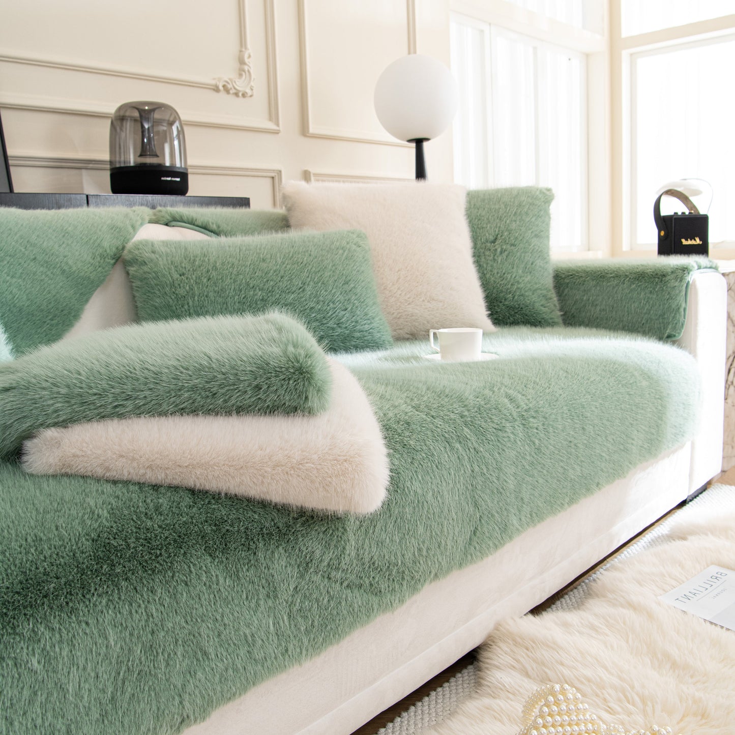 Faux Mink Velvet Luxury Fluffy Sofa Cushion, Winter Warm Thick Plush Non-slip Sofa Covers in stylish green and cream tones.