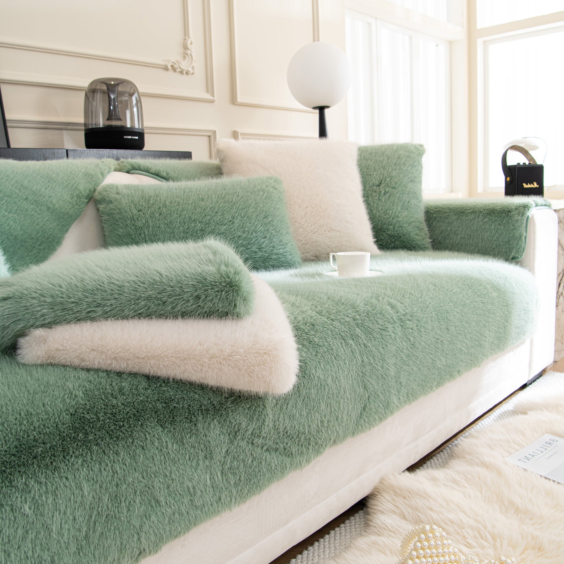 Faux Mink Velvet Luxury Fluffy Sofa Cushion, Winter Warm Thick Plush Non-slip Sofa Covers in stylish green and cream tones.
