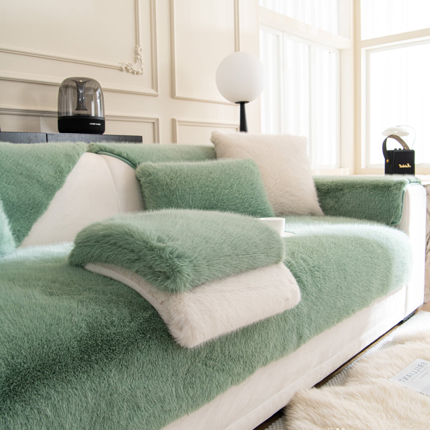 Faux Mink Velvet Luxury Fluffy Sofa Cushion, Winter Warm Thick Plush Non-slip Sofa Covers on a stylish, cozy sofa.