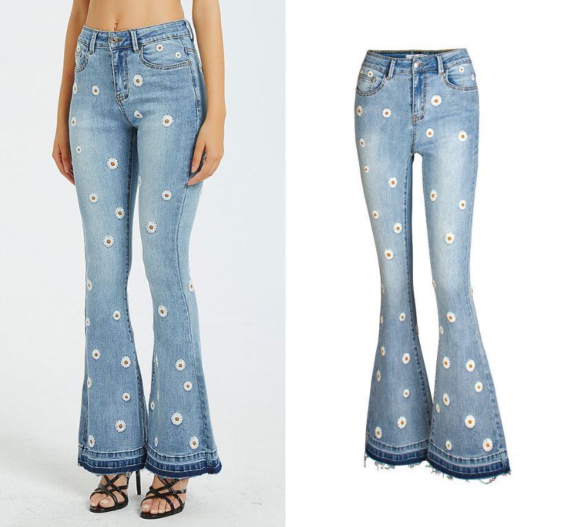 Daisy Bloom Wide Leg Jeans featuring 3D daisy pattern and retro wide-leg design showcasing style and comfort.