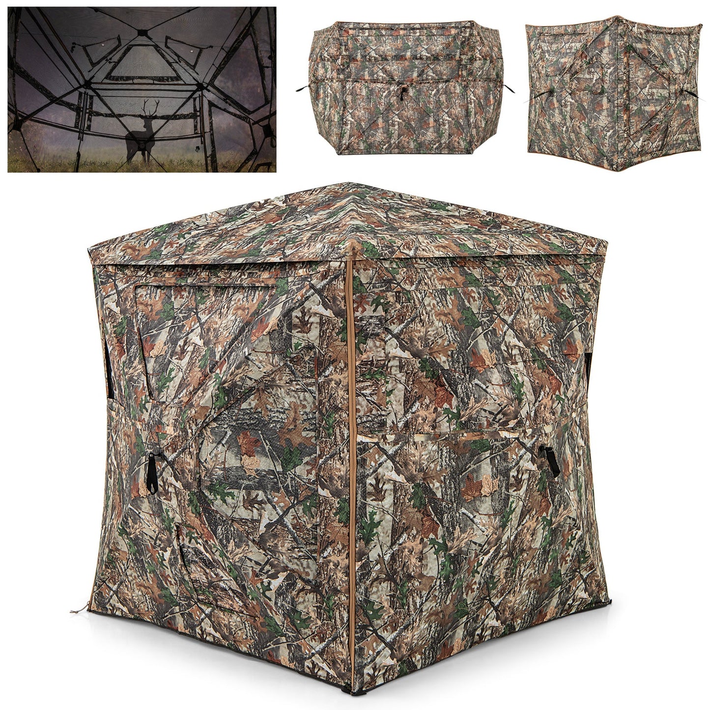 5-IN-1 Detachable Hunting Blind for 2-3 People with Skylight, featuring 360-degree visibility and camouflage design.