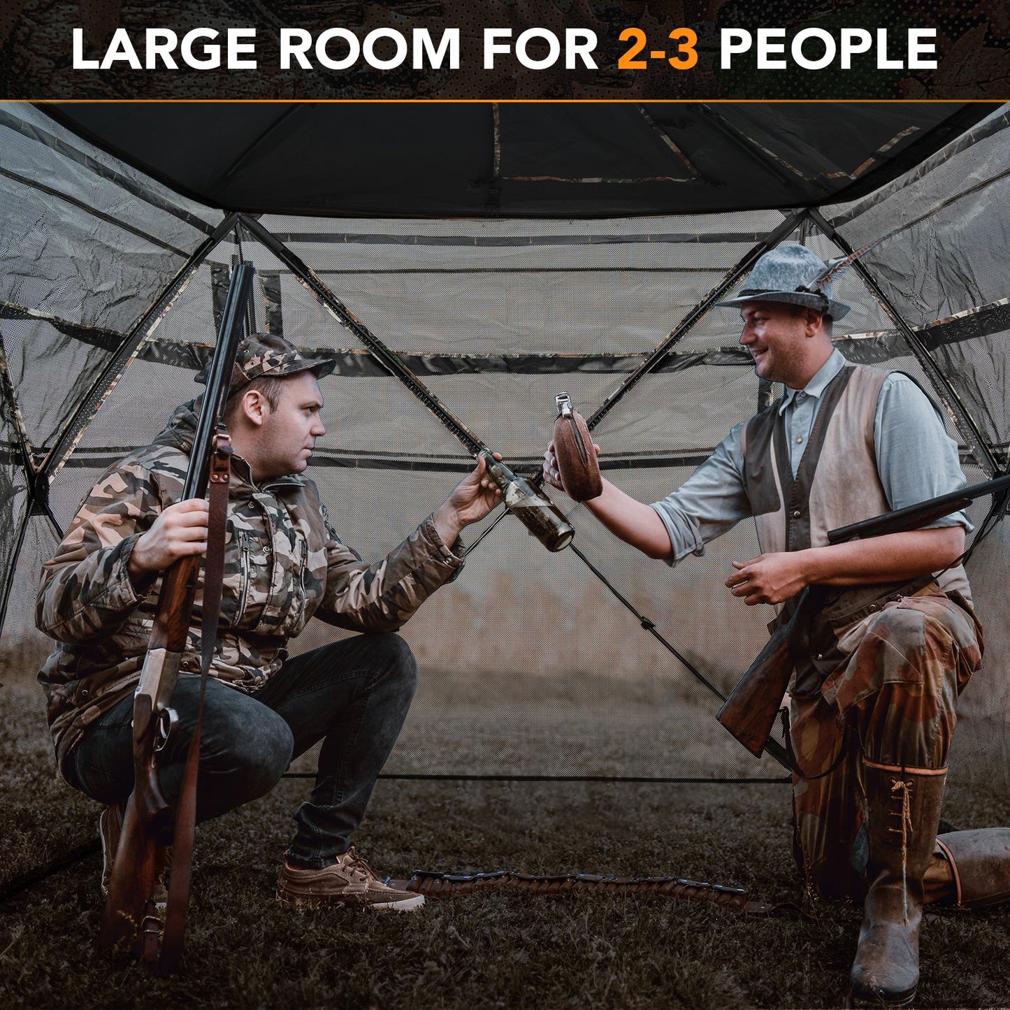 5-IN-1 Detachable Hunting Blind for 2-3 People with Skylight featuring large interior with hunters inside