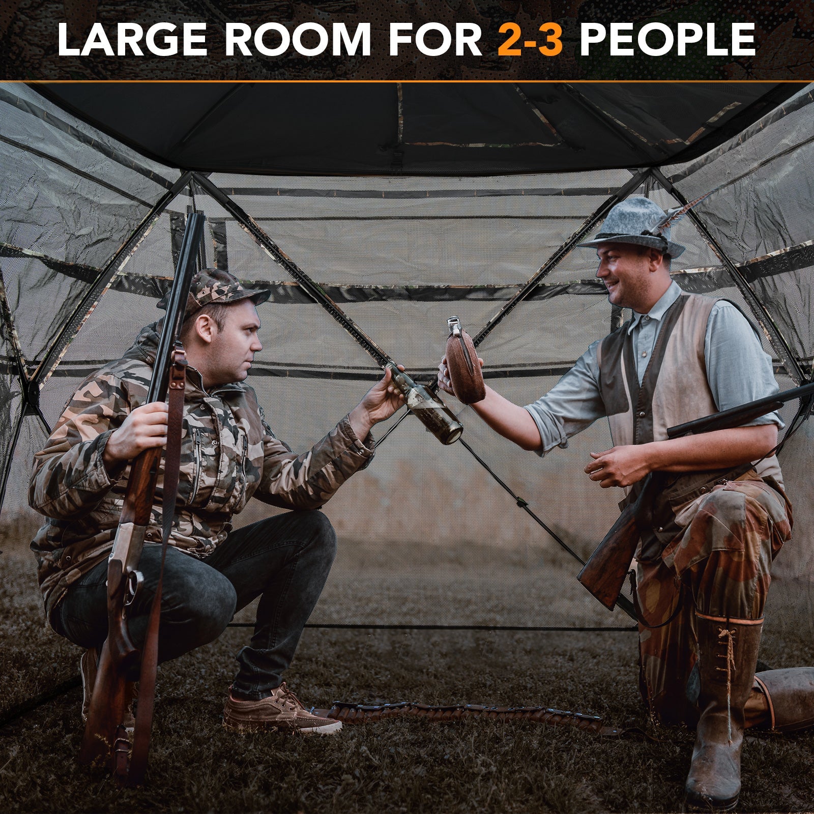 5-IN-1 Detachable Hunting Blind for 2-3 People with Skylight featuring large interior with hunters inside