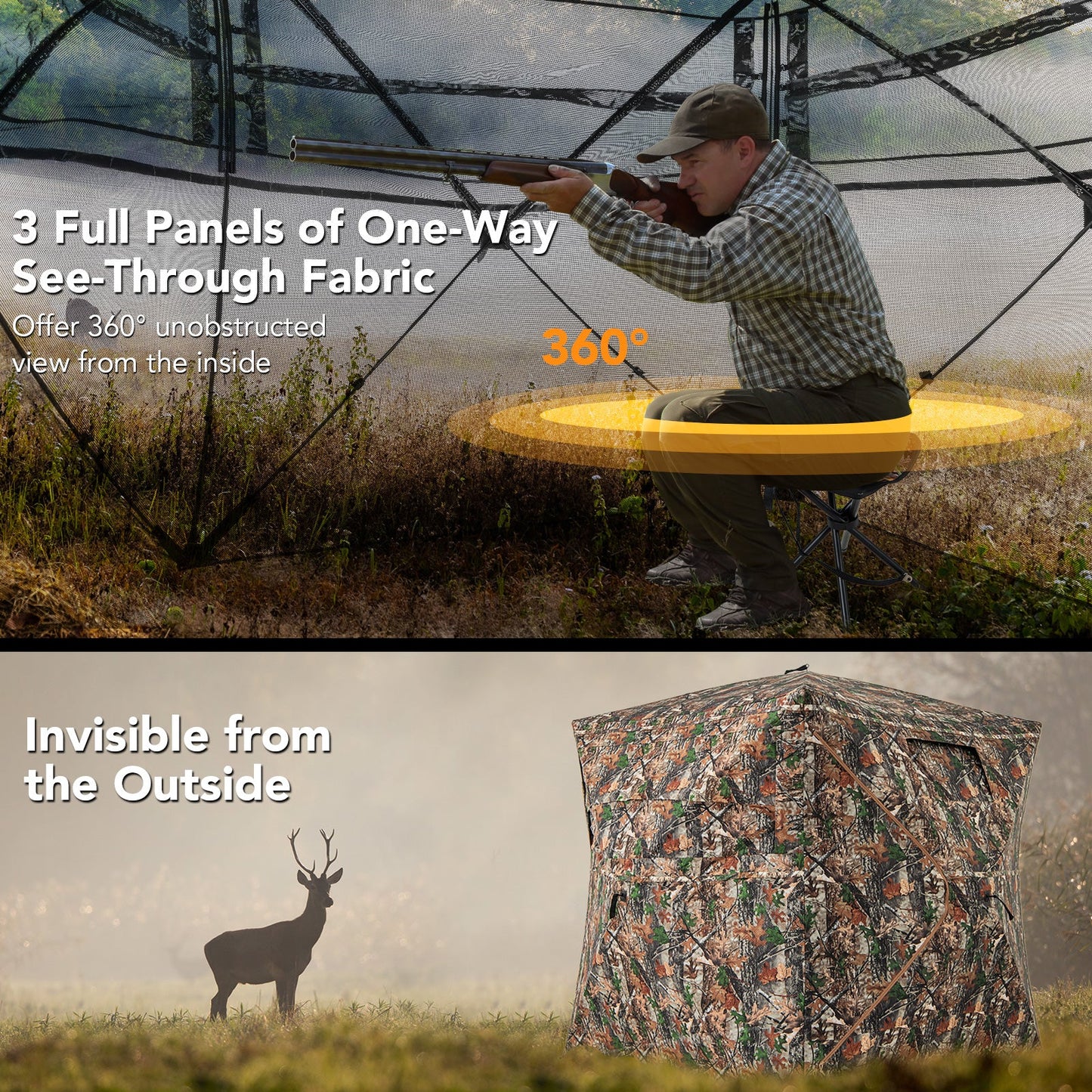 Hunter using 5-IN-1 Detachable Hunting Blind for 2-3 People with Skylight, showcasing see-through panels and exterior camo view.