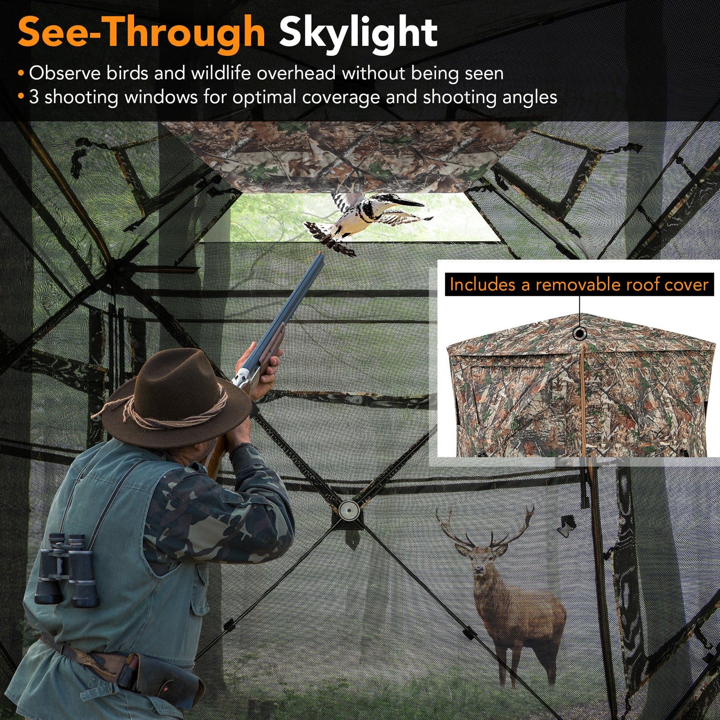 5-IN-1 Detachable Hunting Blind for 2-3 People with Skylight featuring see-through panels and shooting windows