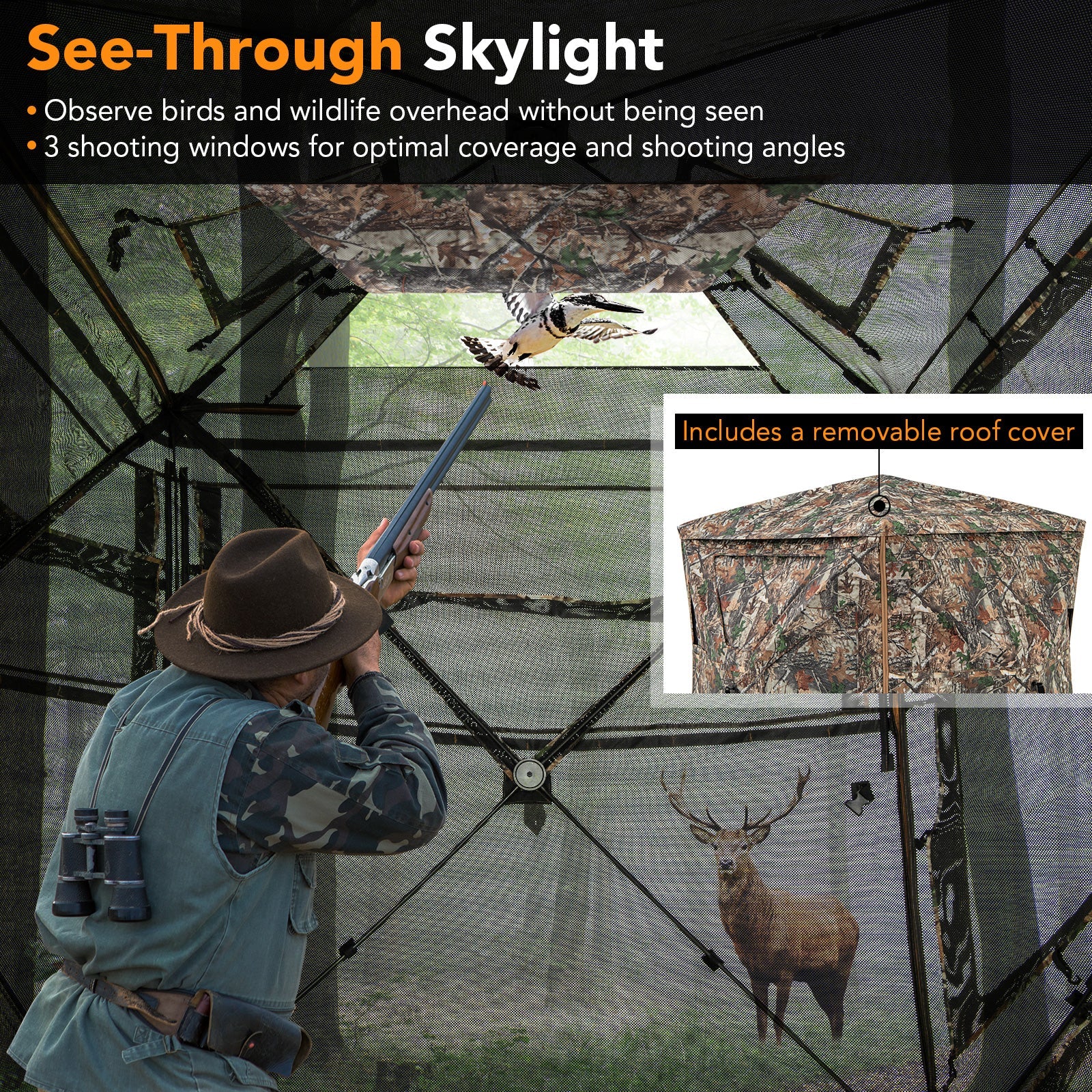 5-IN-1 Detachable Hunting Blind for 2-3 People with Skylight featuring see-through panels and shooting windows