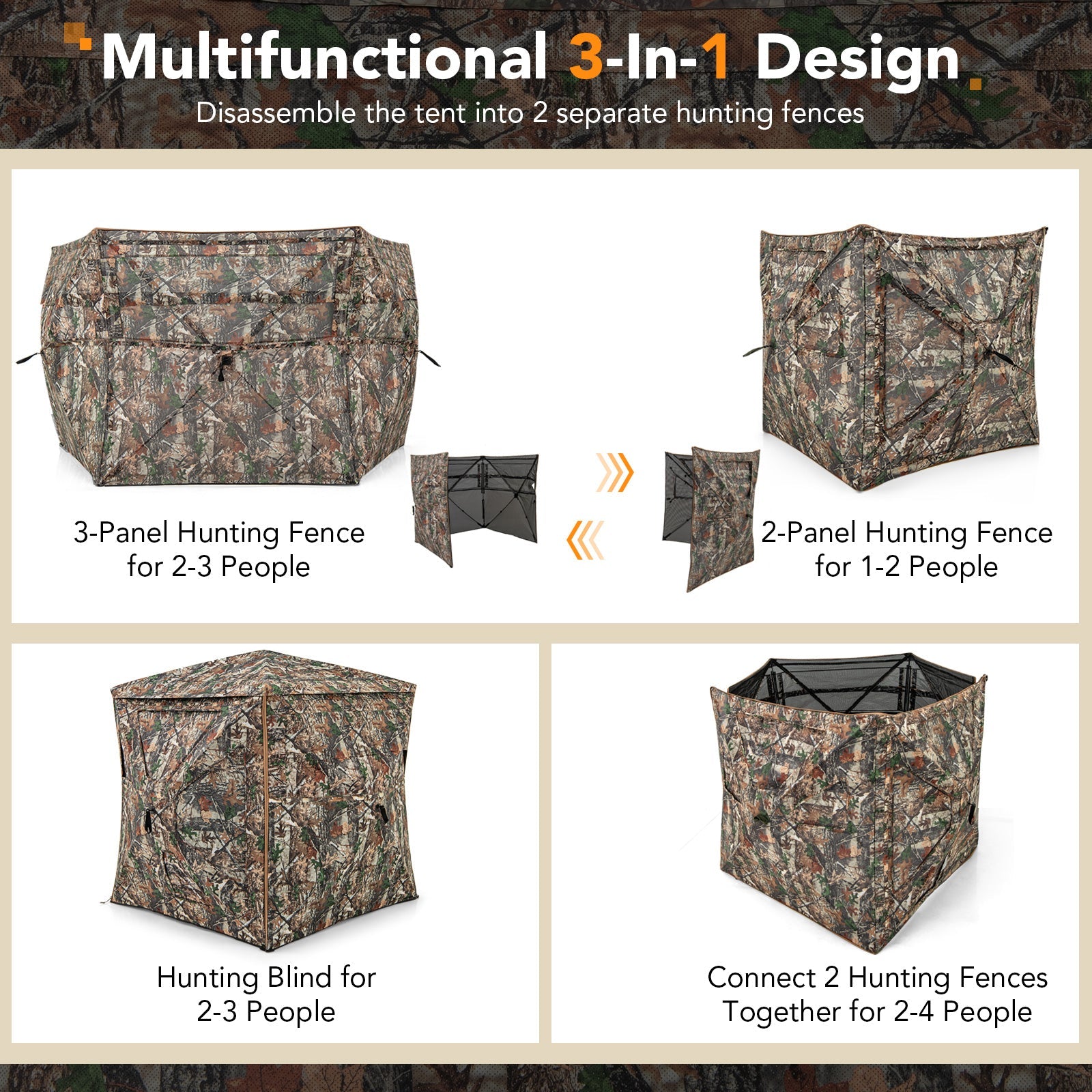Multifunctional 3-in-1 design showing detachable hunting blinds and fences for 2-3 people.
