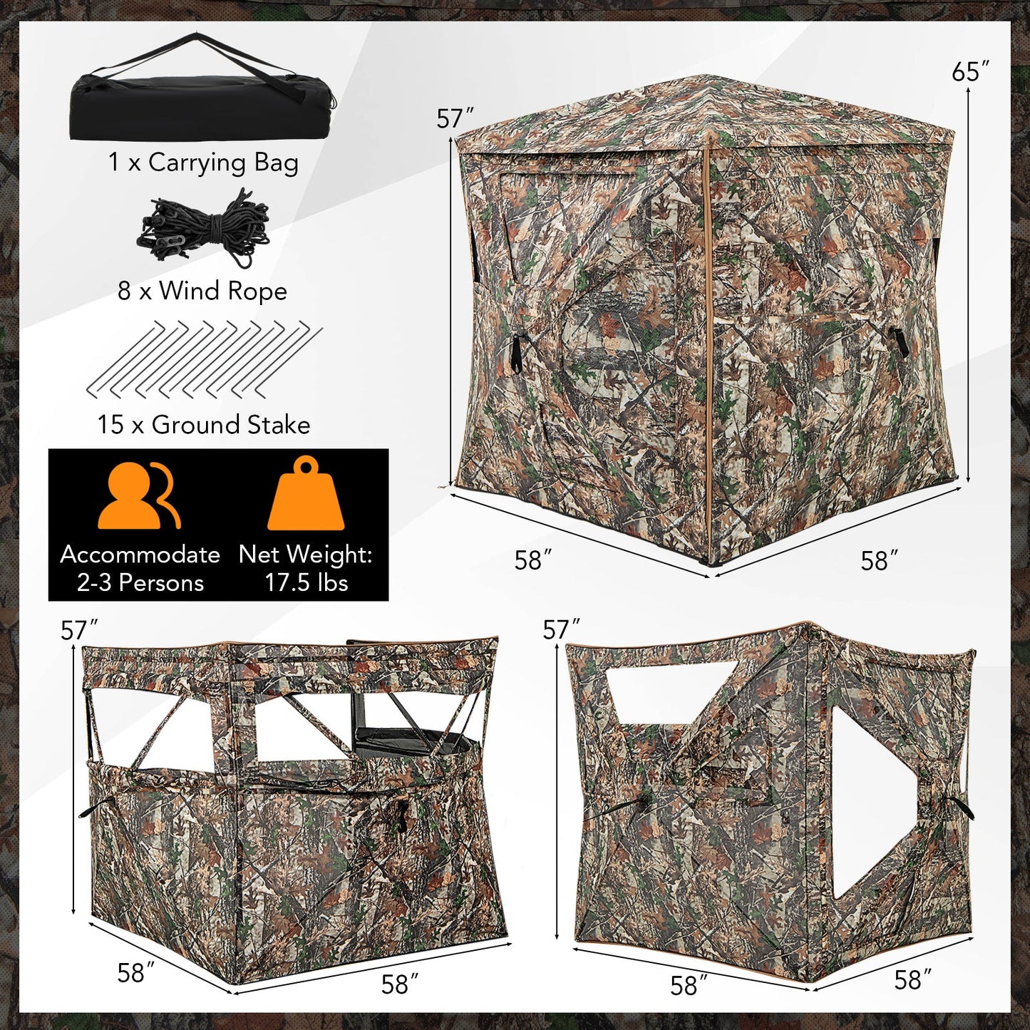 5-IN-1 Detachable Hunting Blind for 2-3 People with Skylight featuring see-through panels and shooting windows.