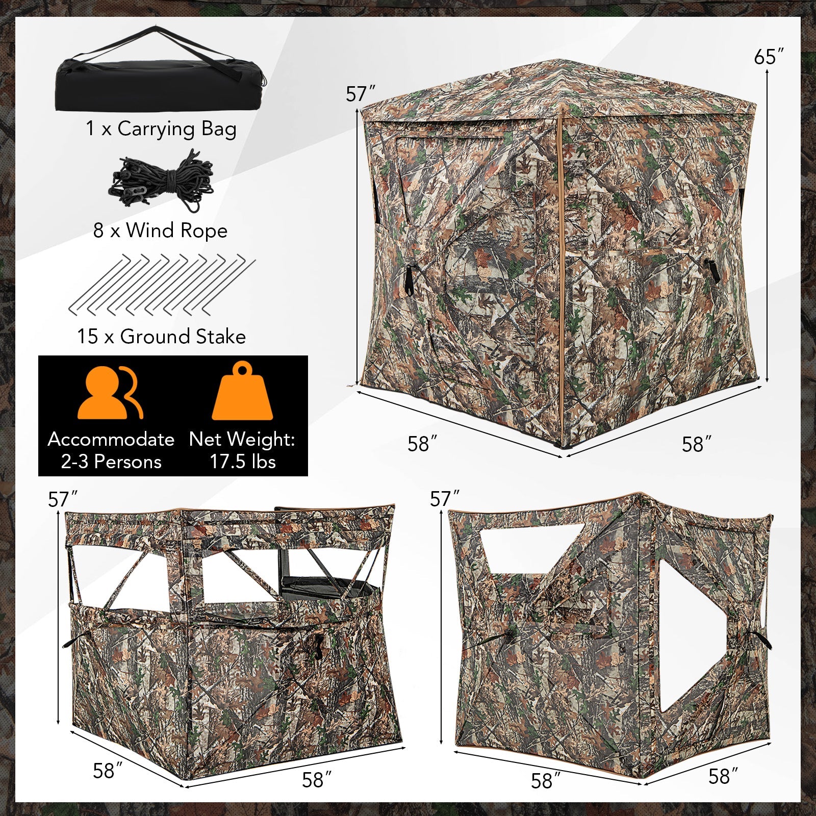 5-IN-1 Detachable Hunting Blind for 2-3 People with Skylight featuring see-through panels and shooting windows.