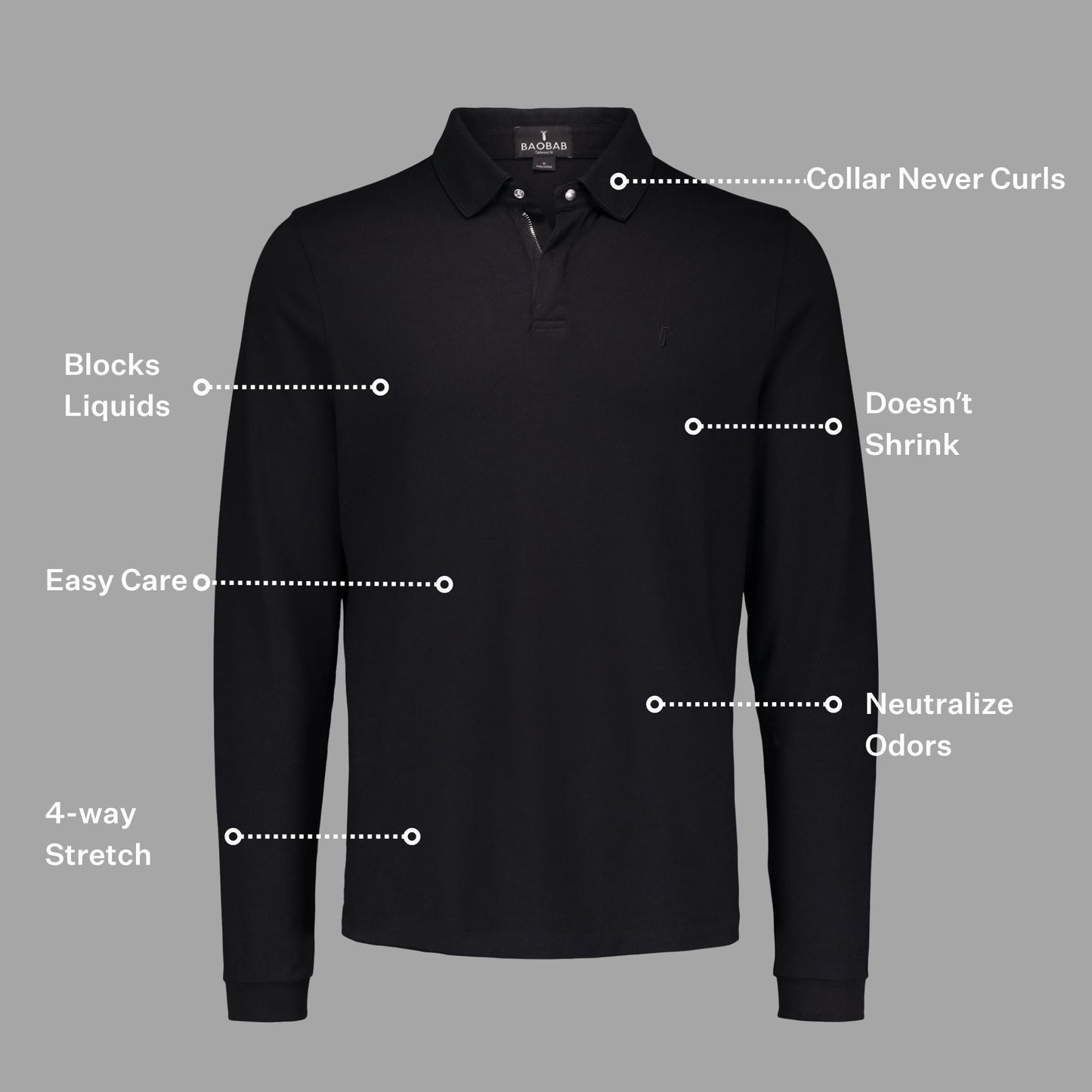 Long Sleeve Perfect Polo with StaySharp Collar, wrinkle-free, fade-resistant, four-way stretch, and hidden microfiber cloth features.