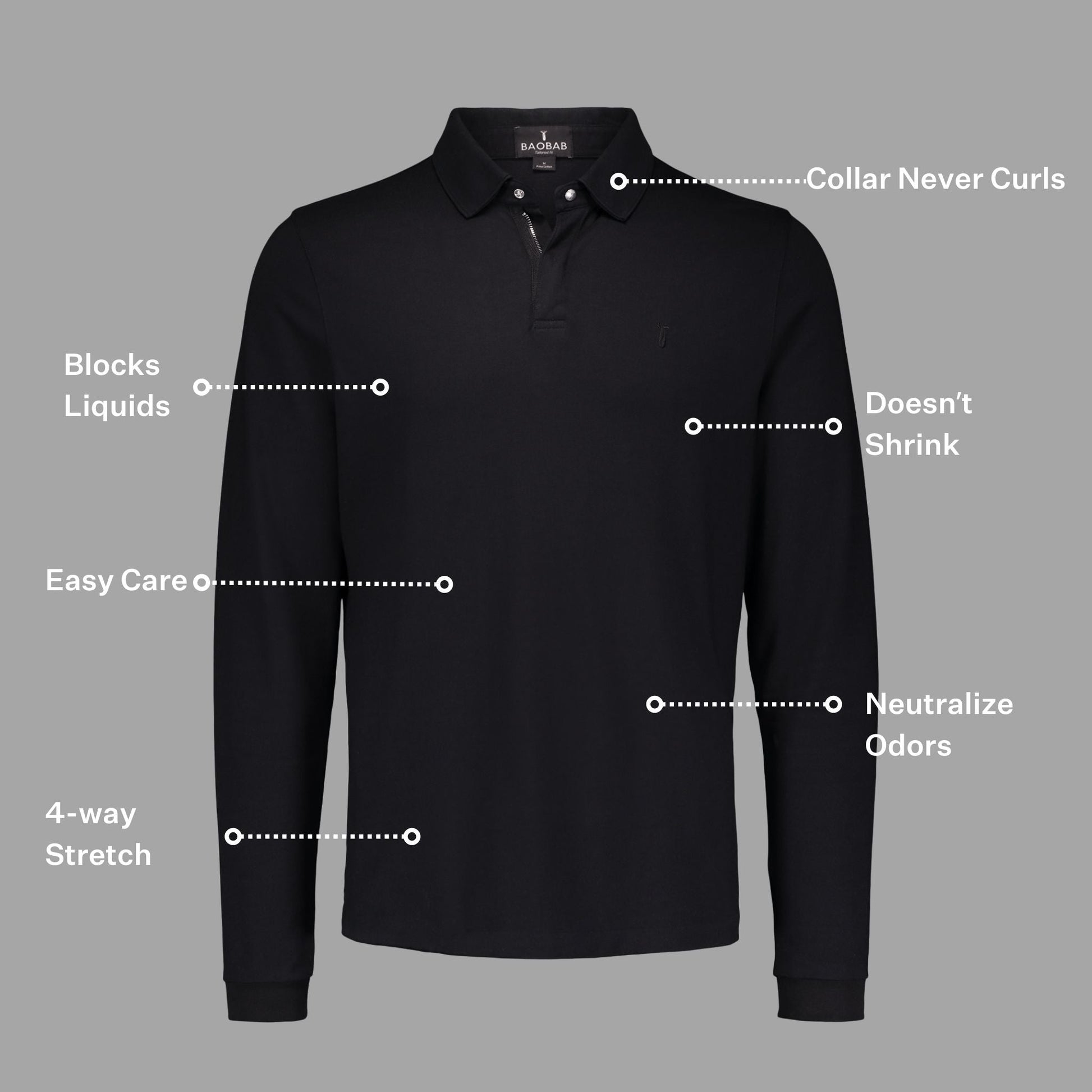 Long Sleeve Perfect Polo with StaySharp Collar, wrinkle-free, fade-resistant, four-way stretch, and hidden microfiber cloth features.