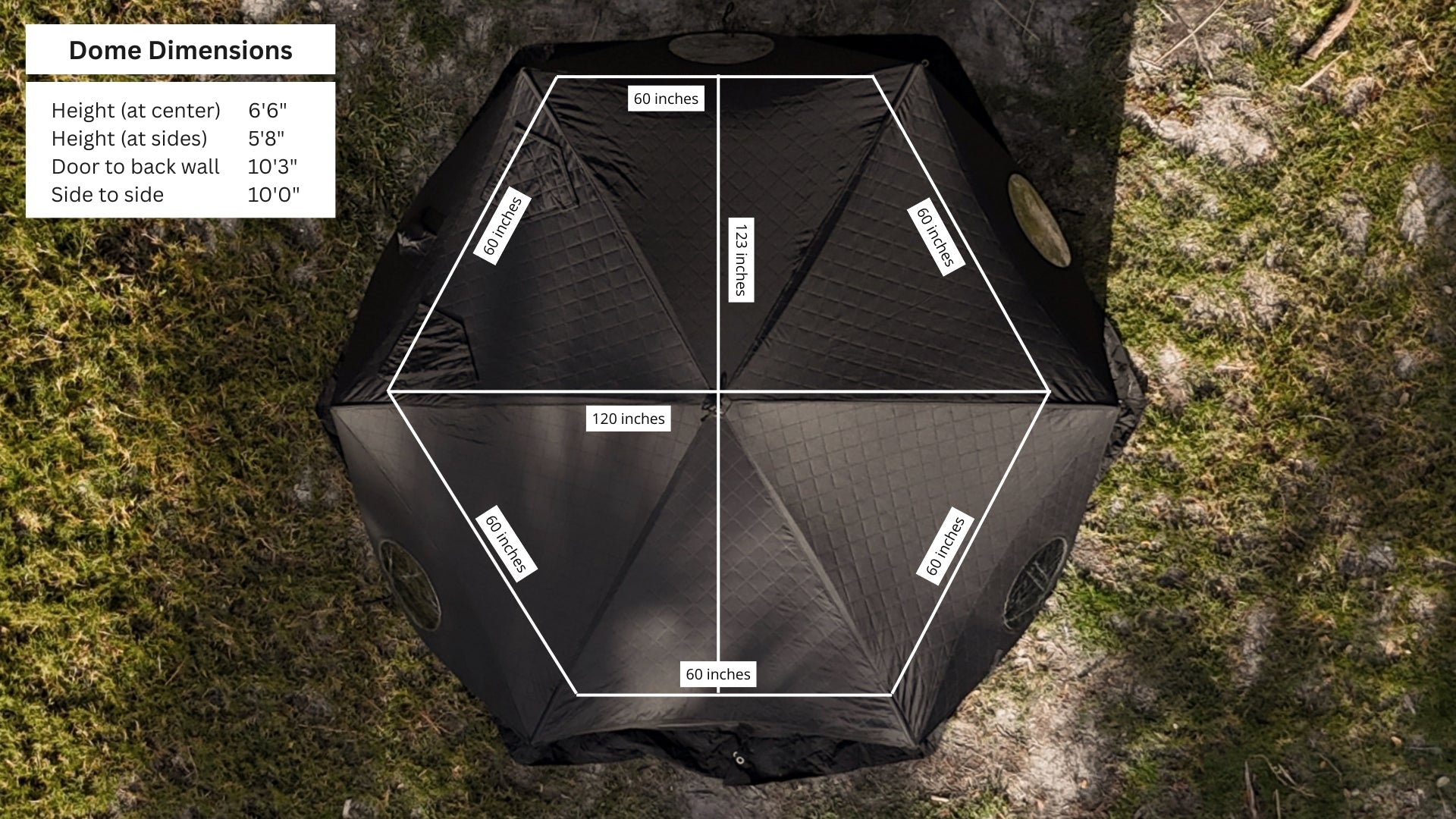 Top view of Dome Sauna Tent Pro Package (8-person) showing dimensions and layout.