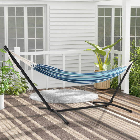 Portable Indoor Outdoor 2-Person Double Hammock Set with Stand and Carrying Cases-Blue on patio with plants