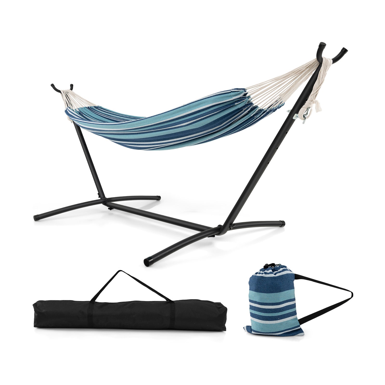 Portable Indoor Outdoor 2-Person Double Hammock Set with Stand and Carrying Cases-Blue, adjustable height, includes carrying bags.