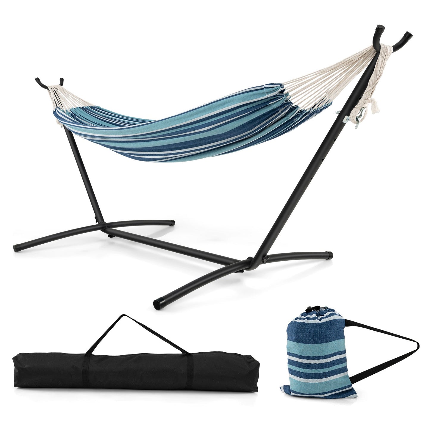 Portable Indoor Outdoor 2-Person Double Hammock Set with Stand and Carrying Cases-Blue, featuring adjustable height and stability