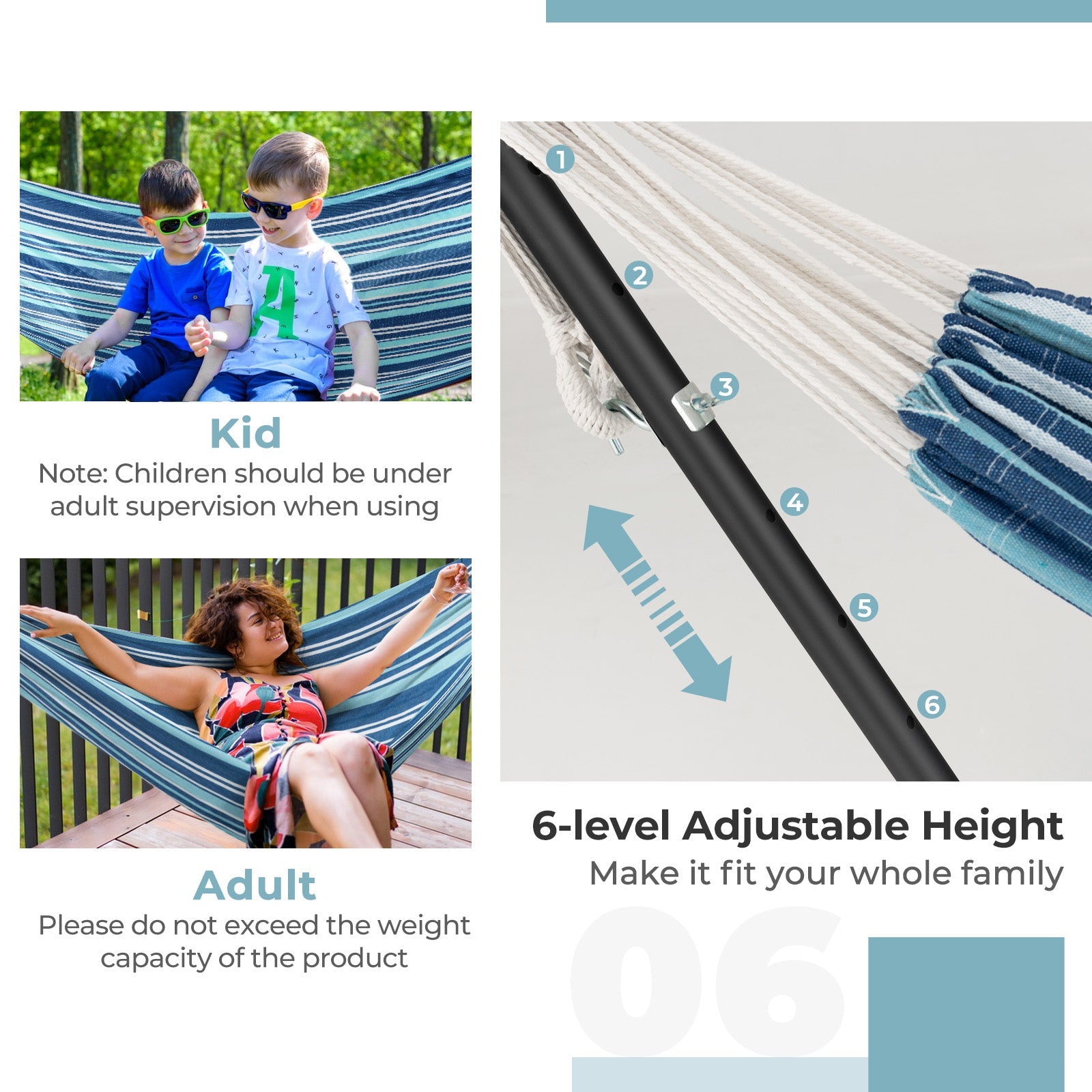 Portable Indoor Outdoor 2-Person Double Hammock Set with Stand and Carrying Cases-Blue, featuring adjustable height and stability features