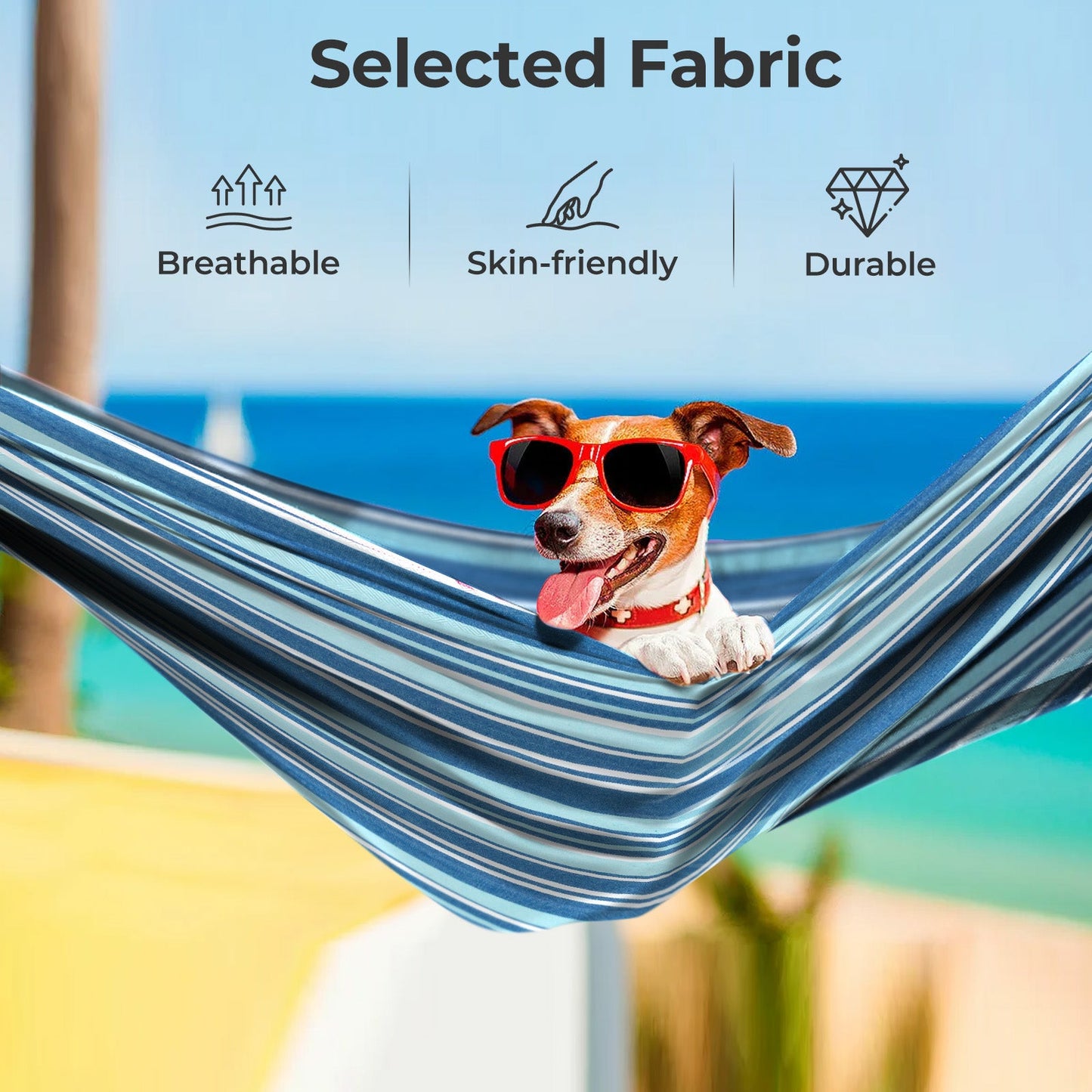 Dog wearing sunglasses relaxing on Portable Indoor Outdoor 2-Person Double Hammock Set with Stand and Carrying Cases-Blue