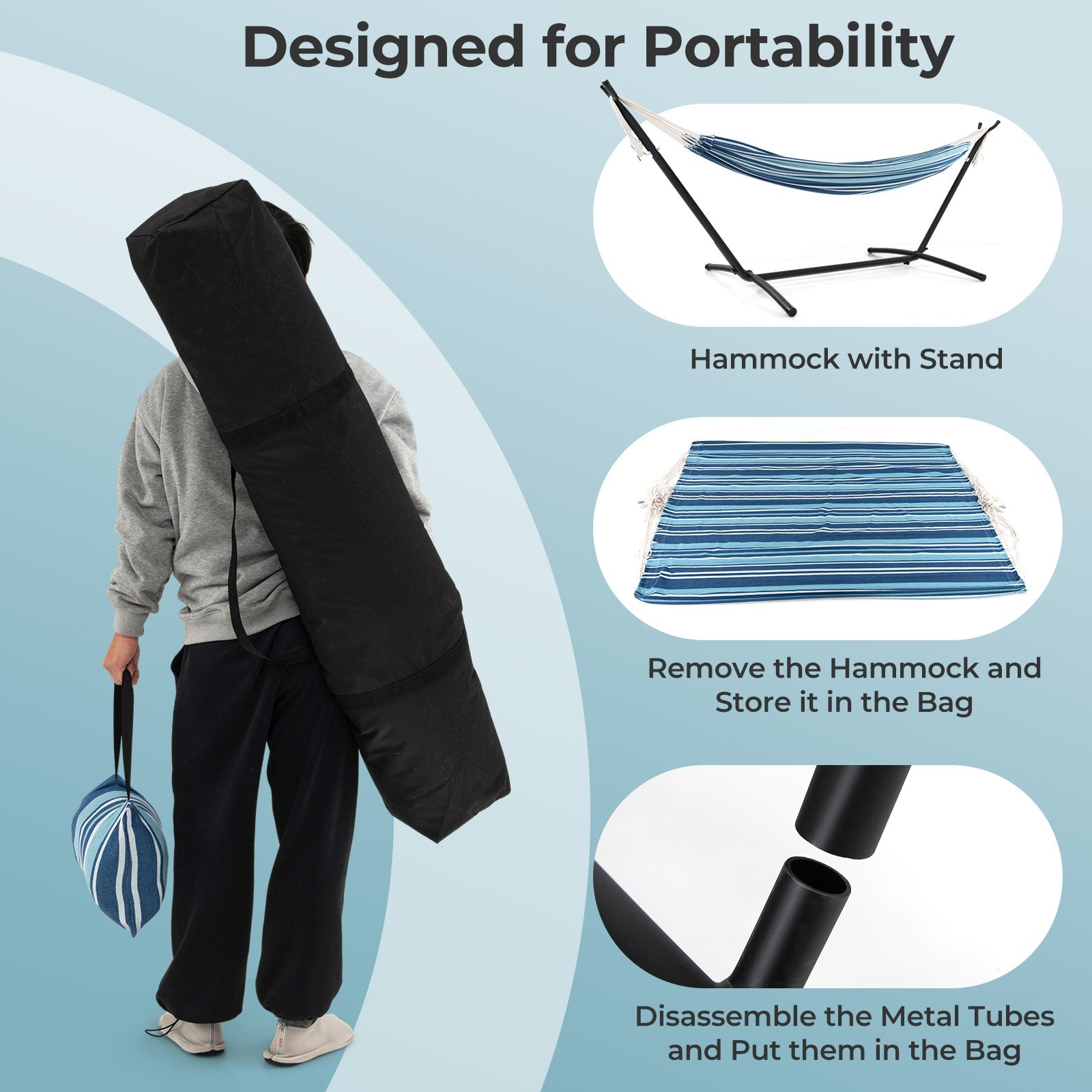 Portable Indoor Outdoor 2-Person Double Hammock Set with Stand and Carrying Cases-Blue for easy portability