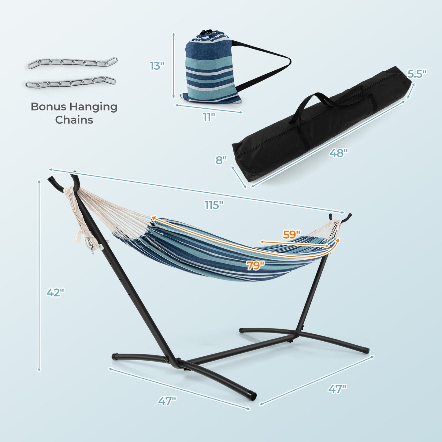 Portable Indoor Outdoor 2-Person Double Hammock Set with Stand and Carrying Cases-Blue showing dimensions and accessories.